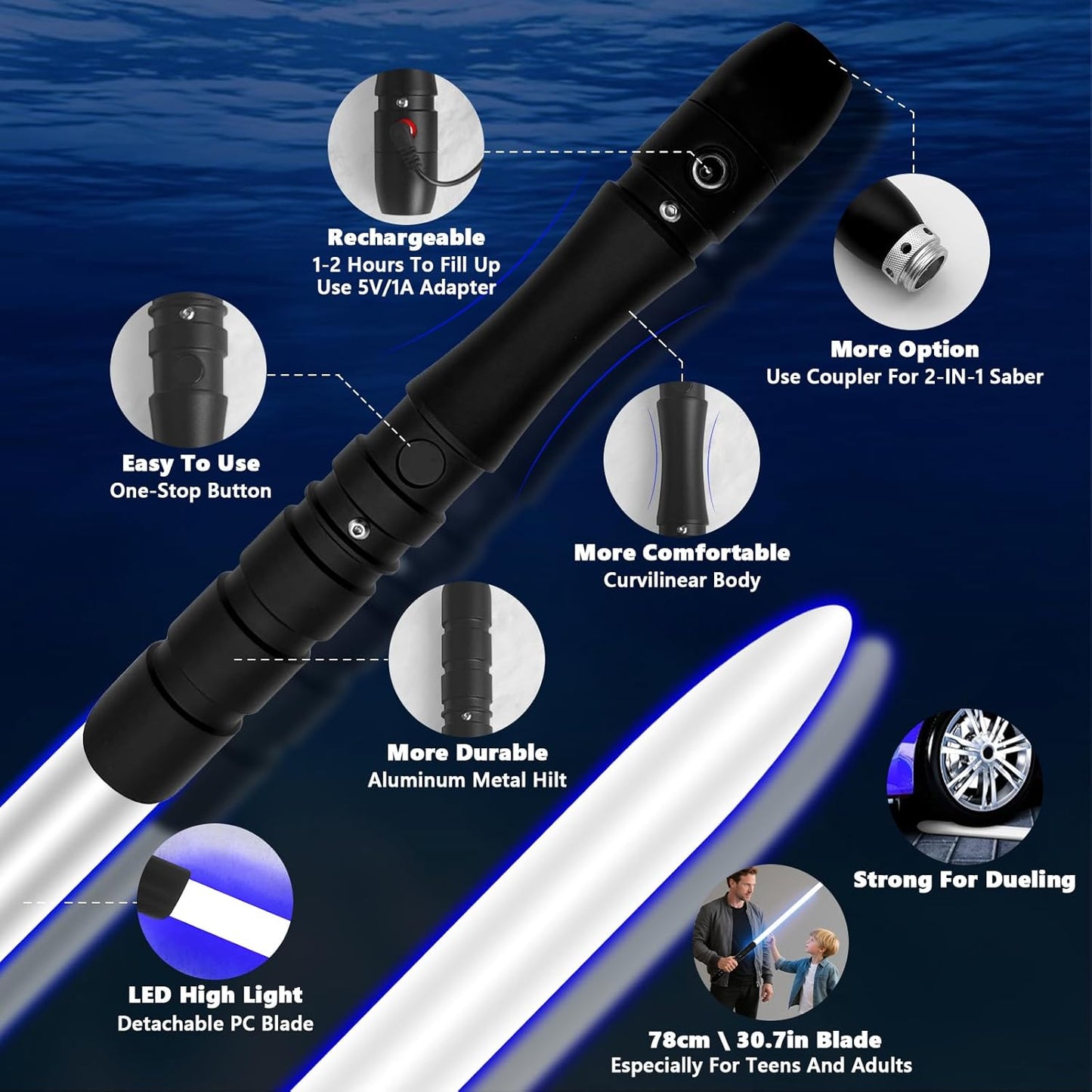 Dueling Lightsaber Zero 1 Black Series | Swing Light Sabers | FOC FX Sabers with 3 Sound Fonts | Heavy-Duty Light Sword | Black Metal Hilt for Adults, Boys, Teens (Blue)