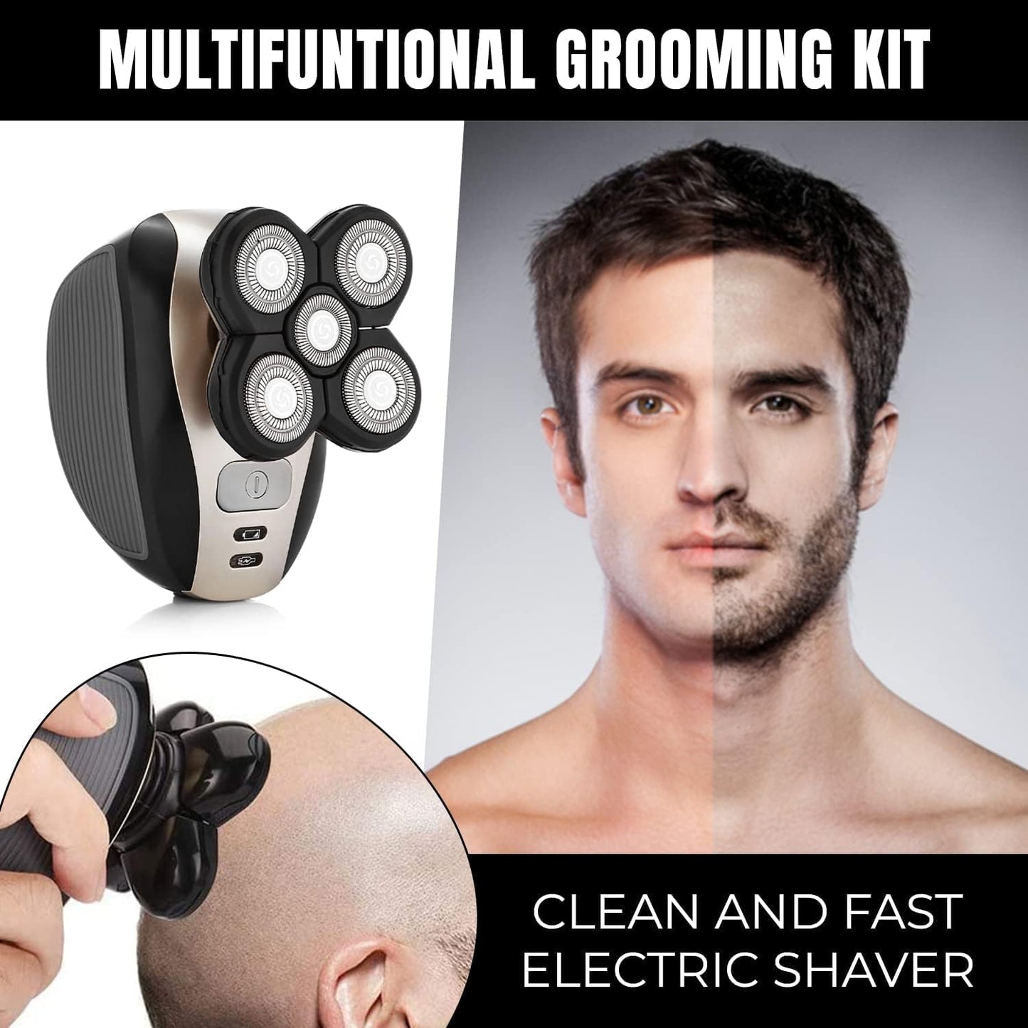 5 in 1 Electric Shaver Bald Head Shaver Head Shavers for Bald Men Electic Razor Waterproof IPX7 Cordless Rechargeable Trimmer for Nose Ear Face Body Hair Wet Dry Men Head Grooming Kit Hair Clippers