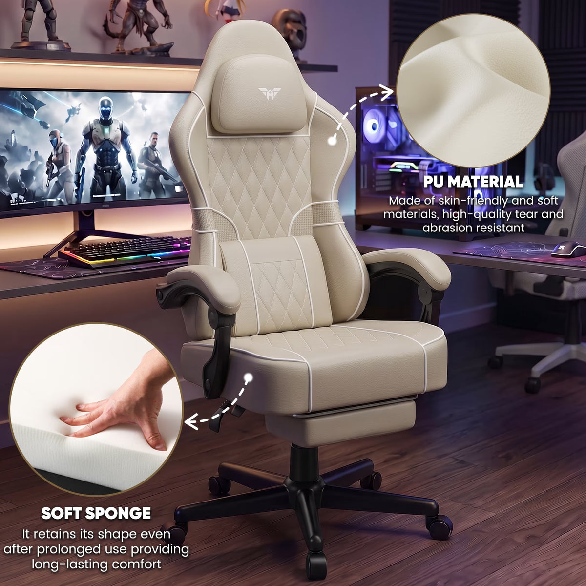 Gaming Chair for Adults, Ergonomic Gamer Chair with Footrest and Massage Lumbar Cushion, High Back Swivel Comfortable Video Game Chair, Adjustable Height Computer Office Chair, Beige