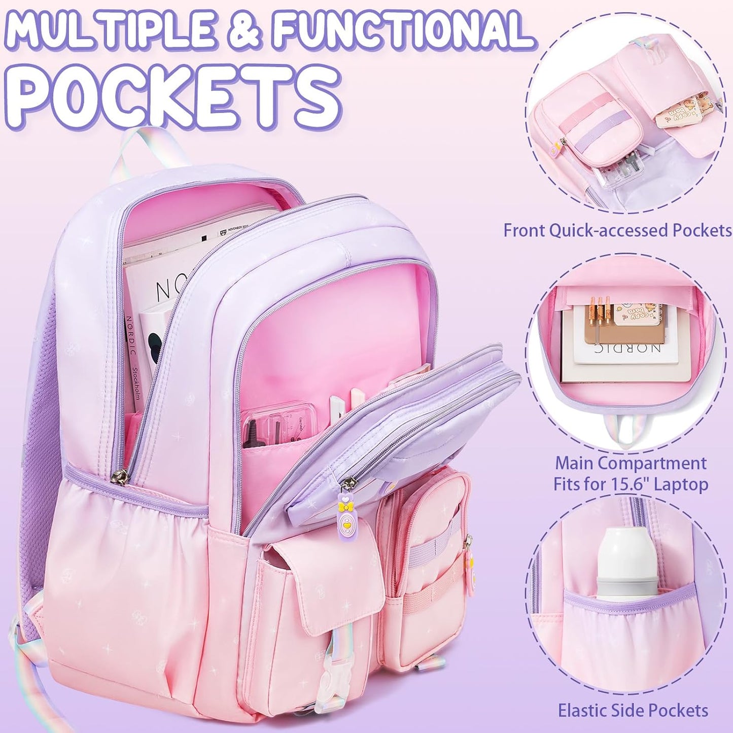 Backpack for Girls, 3 PCS Waterproof Kids Backpack with Lunch Box & Pencil Case, Gradient Backpacks for Teen Girl Kindergarten Elementary Middle High School Student Back to School Bookbag Set