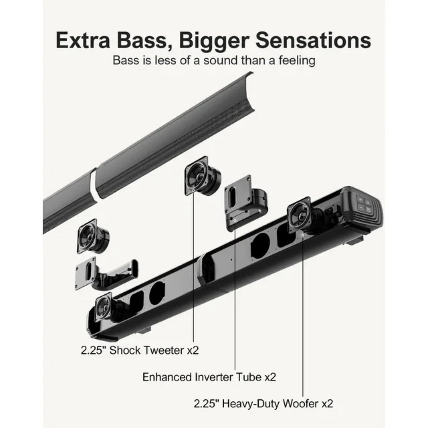 2.2Ch Sound Bar for TV, Built-In Dual Subwoofer, 2 in 1 Separable Bluetooth 5.3 Soundbar , Bassmax Adjustable TV Surround Sound Bar, Hdmi-Arc/Optical/Aux Home Theater Speakers, Wall Mount