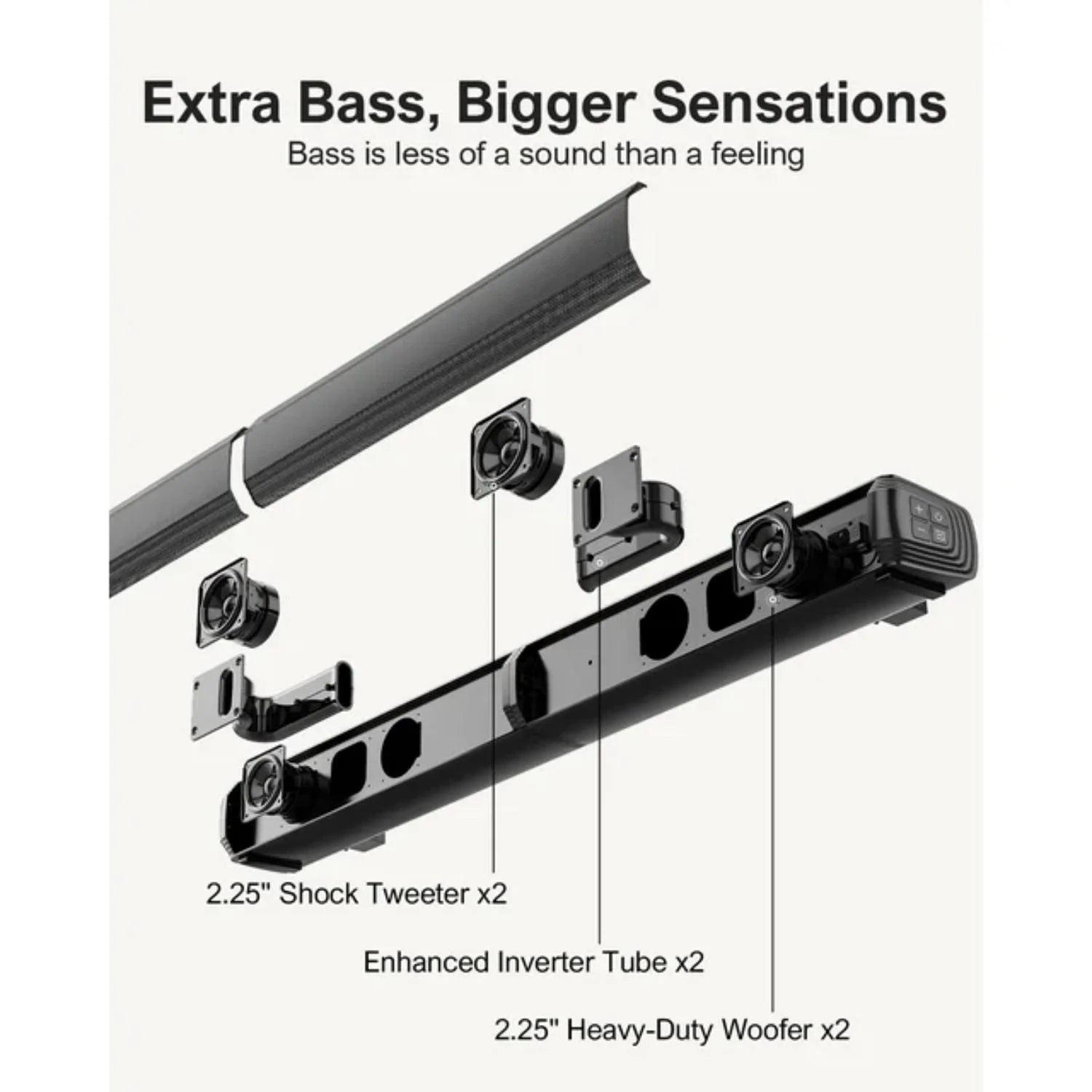 2.2Ch Sound Bar for TV, Built-In Dual Subwoofer, 2 in 1 Separable Bluetooth 5.3 Soundbar , Bassmax Adjustable TV Surround Sound Bar, Hdmi-Arc/Optical/Aux Home Theater Speakers, Wall Mount