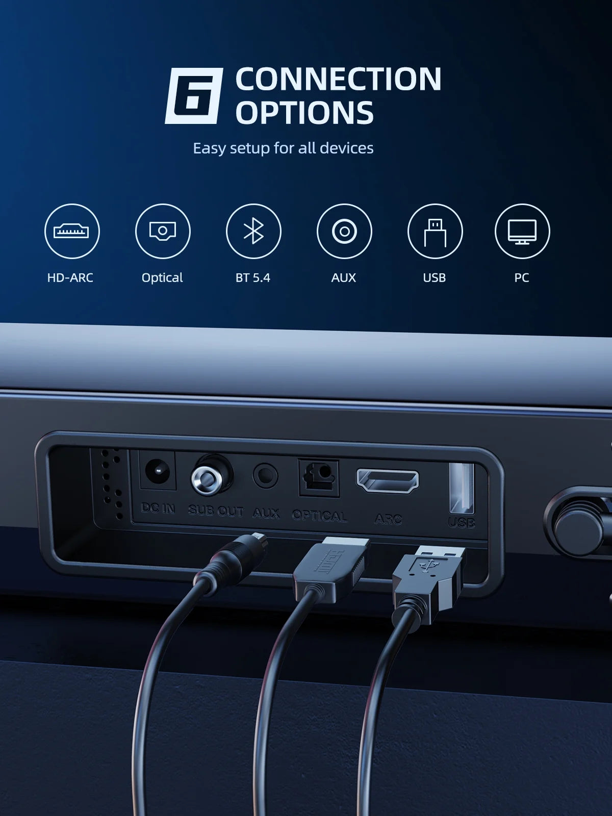 180W Separable Sound Bar with Subwoofer, 2.1CH  Detachable Soundbar for TV/PC, 5 EQ Modes Treble & Bass Adjust, HDMI Arc/Optical/Bluetooth 5.4/Aux--32 Inch