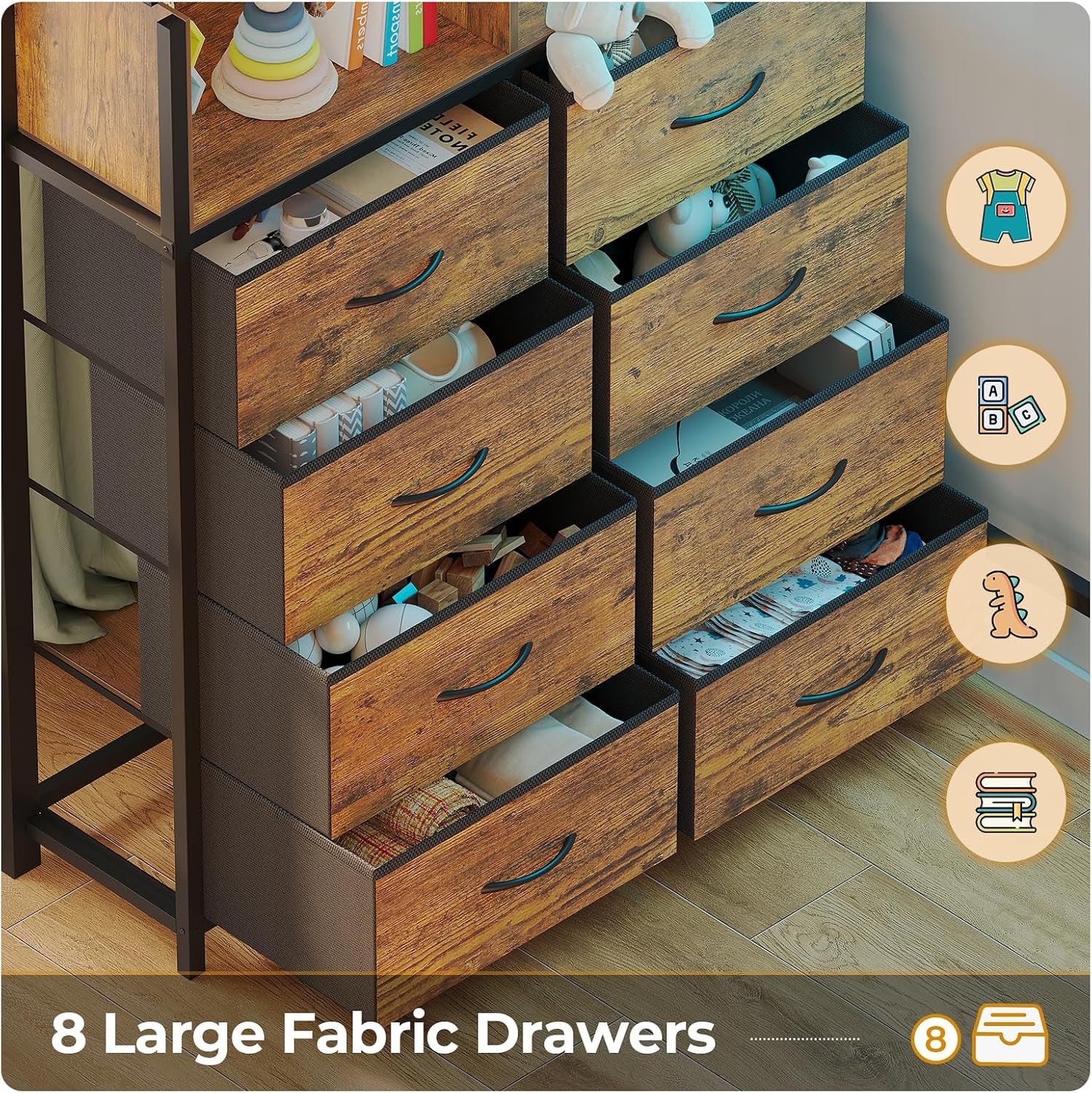 Twin Size Loft Bed with Desk and 8 Storage Drawers, Rustic Brown | LED Metal Kids Loft Bed with Charging Sation, Storage Shelves, 13.1" H Safety Guard & Ladder, No Box Spring Needed