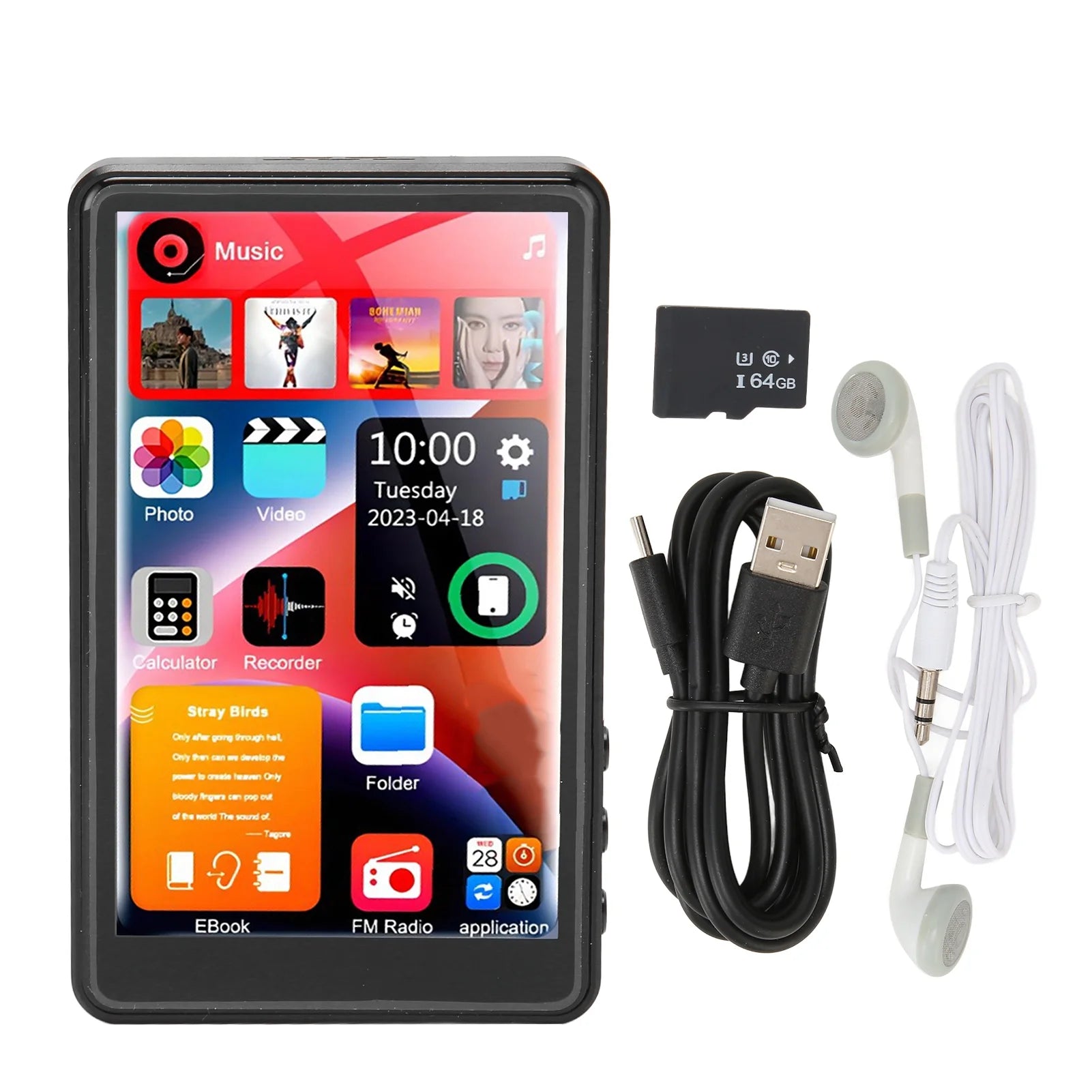 144GB Mp3 Player with Bluetooth, 4.0 Inch Full Touchscreen Mp4 Player, Voice Recorder, Portable Hifi Sound Mp3 Music Player with Earphones, Built-In HD Speaker, Black