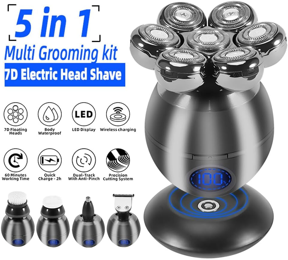 Head Shaver, 5 in 1 Waterproof with LCD Display Bald Head Shavers for Men, Wet Dry Electric Razor, 7DUSB Rechargeable Electric Shavers Bald (Grey)