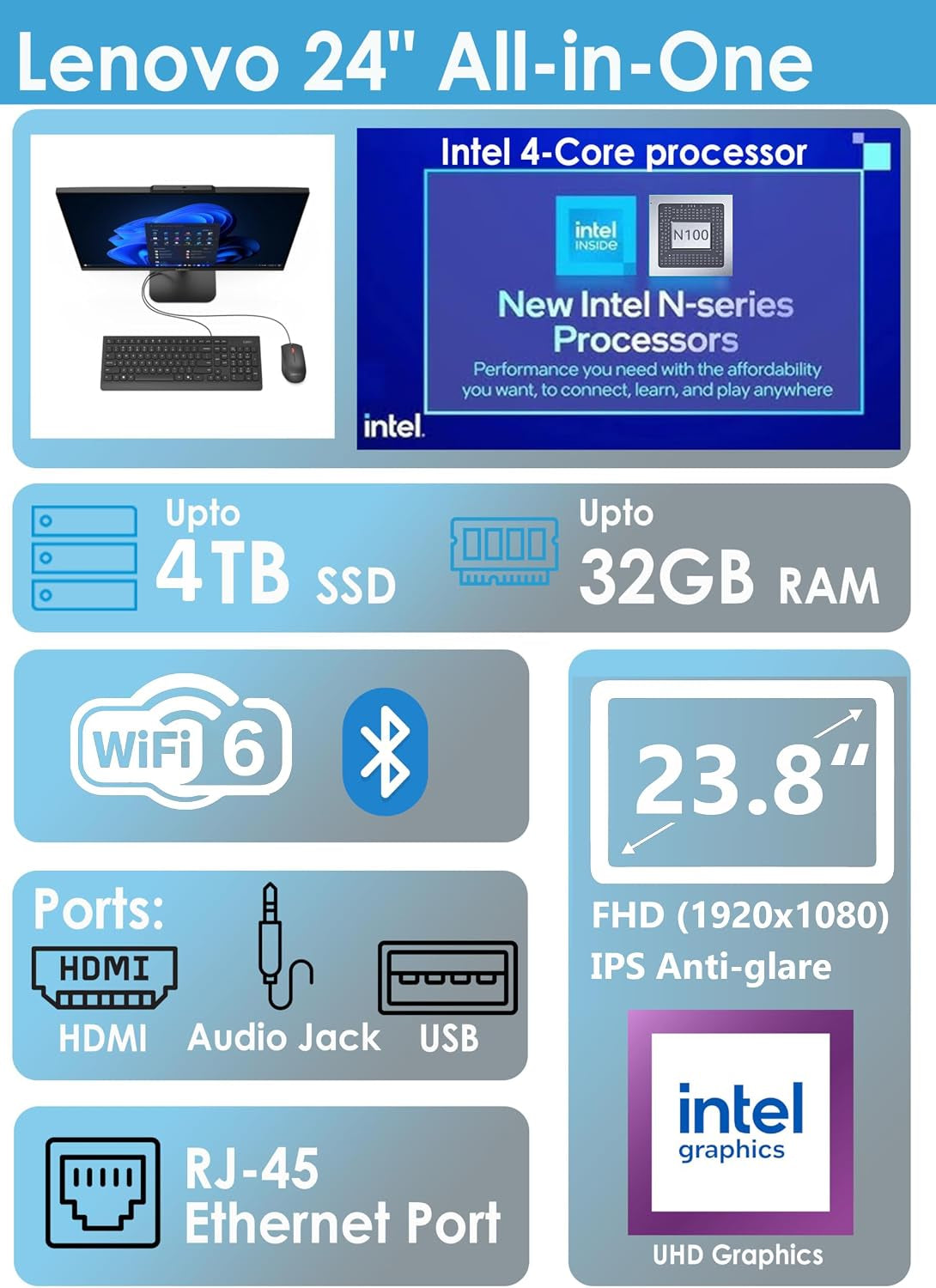 AIO 24" FHD All-In-One Desktop Computer, Lifetime Office 365 for Web, Intel 4-Core Processor, 32GB DDR4 RAM, 1TB Pcie SSD, Wifi 6, Bluetooth 5.2, HDMI, Onyx Black, KB, Windows 11 Home