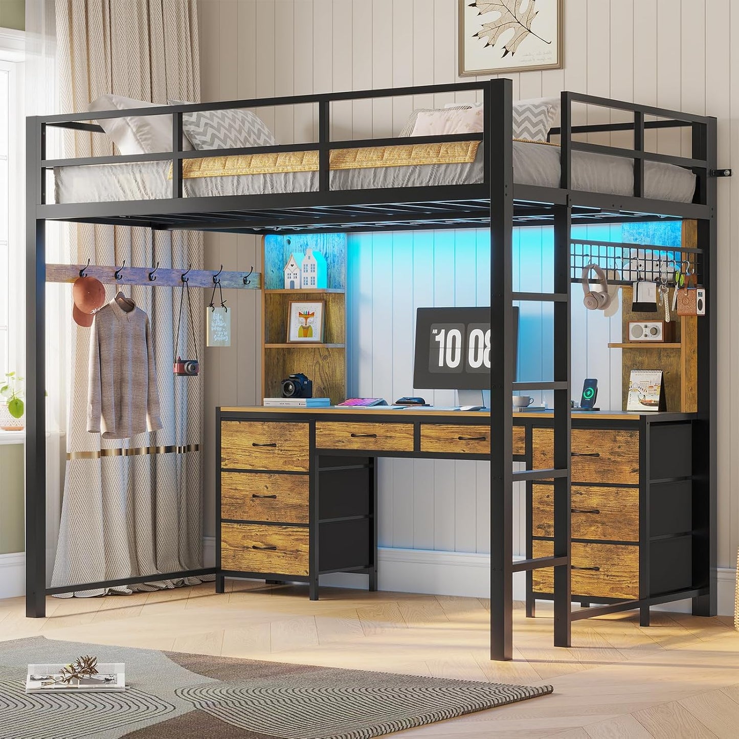 Full Size Loft Bed with Desk and 8 Storage Drawers for Teens,Rustic Brown | Metal Loft Beds with LED Lights & Charging Sation, Heavy Duty Bed Frame with 6 Storage Shelves, Space-Saving, Noise Free