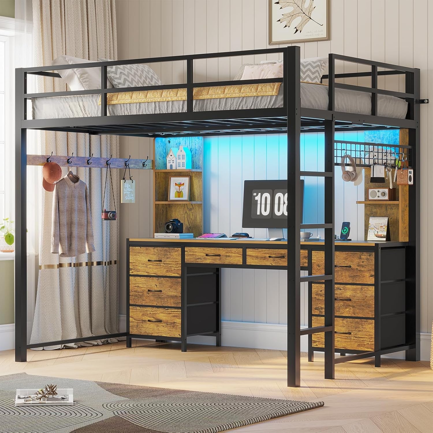 Full Size Loft Bed with Desk and 8 Storage Drawers for Teens,Rustic Brown | Metal Loft Beds with LED Lights & Charging Sation, Heavy Duty Bed Frame with 6 Storage Shelves, Space-Saving, Noise Free