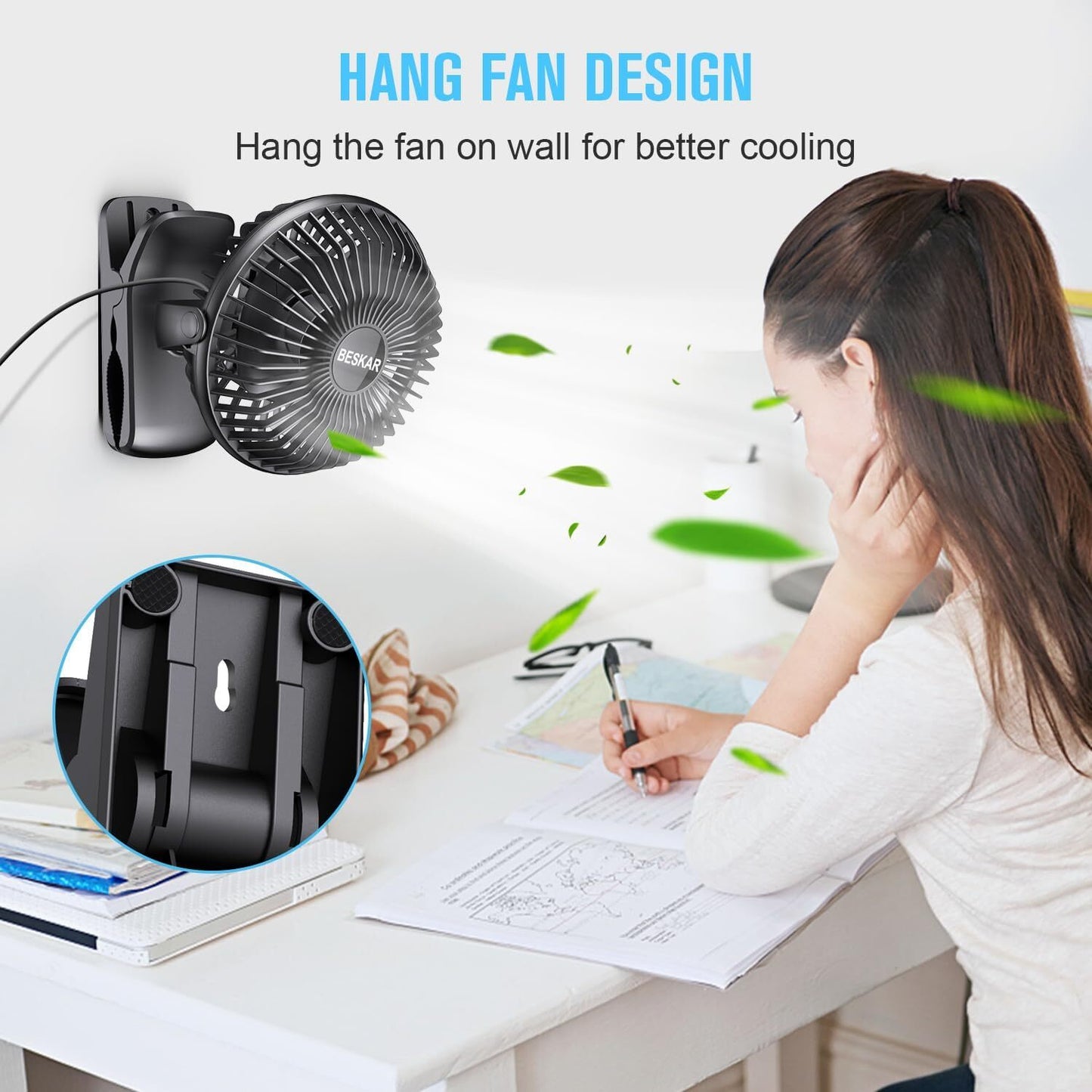 BESKAR Small Clip on Fan, 3 Speeds USB Fan with Strong Airflow, Clip & Desk Fan