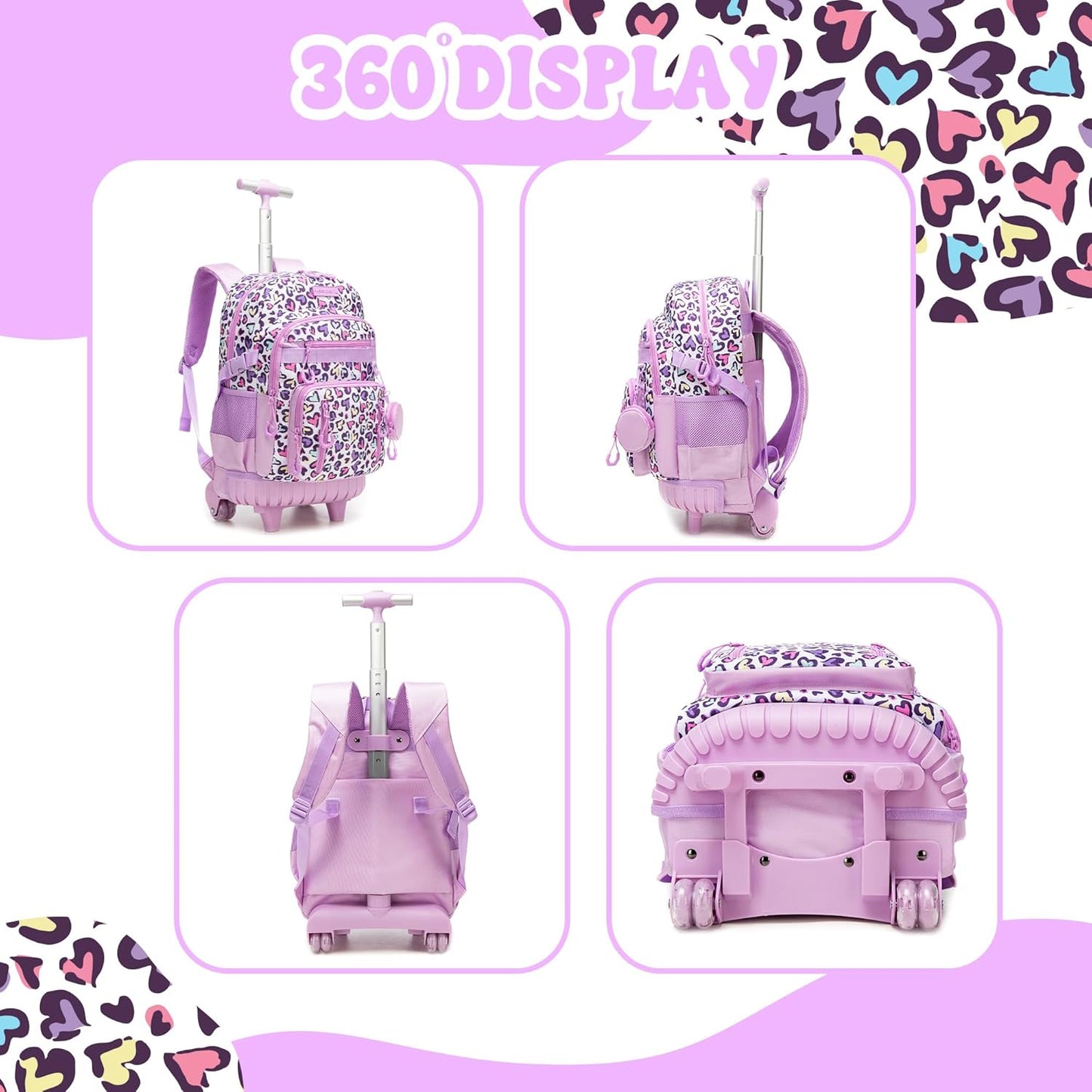 Rolling Backpacks for Kids Backpack for Girls with Lunch Bag Pencil Case 16.5" Kids Backpack with Wheels Roller Backpacks for Girls