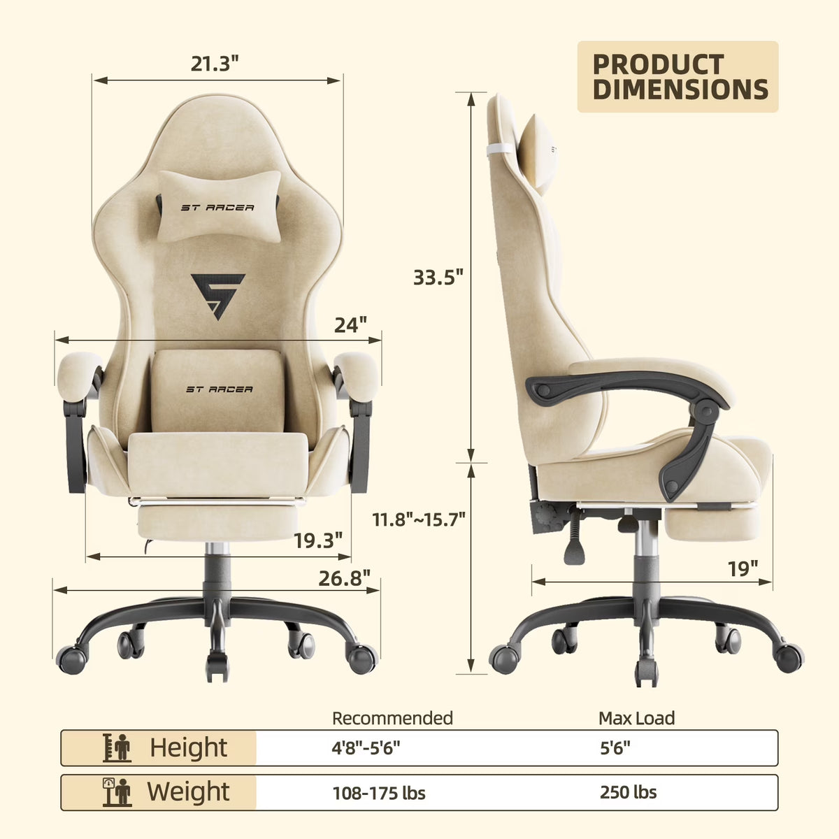 Velvet Fabric Gaming Chair with Footrest High Back Ergonomic Reclining Computer Gamer Chair with Headrest and Massage Racing Style PC Video Game Chair Suitable for Adults, Beige