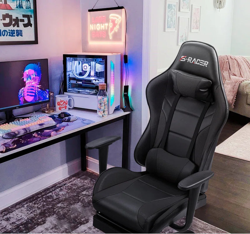 High-Back Massage Adjustable Reclining Ergonomic Faux Leather Swiveling PC & Racing Game Chair with Footrest