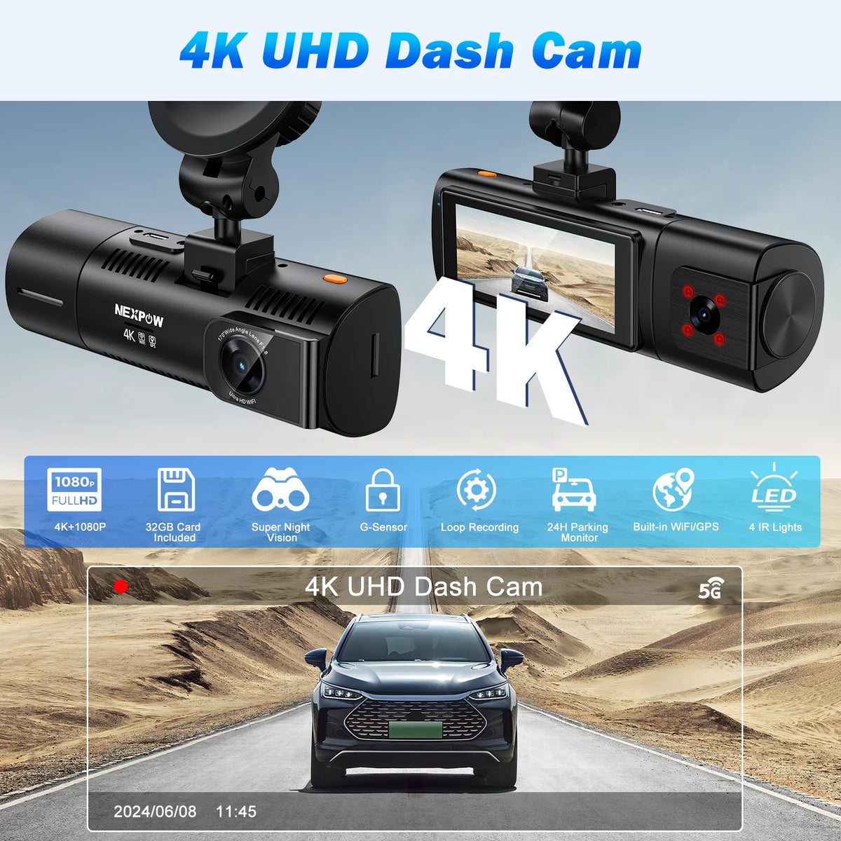 Dash Cam Front and Rear, 4K Full HD Dash Camera with Built-In Wifi GPS, Super Night Vision, WDR, 24H Parking Mode, 32GB Card Included