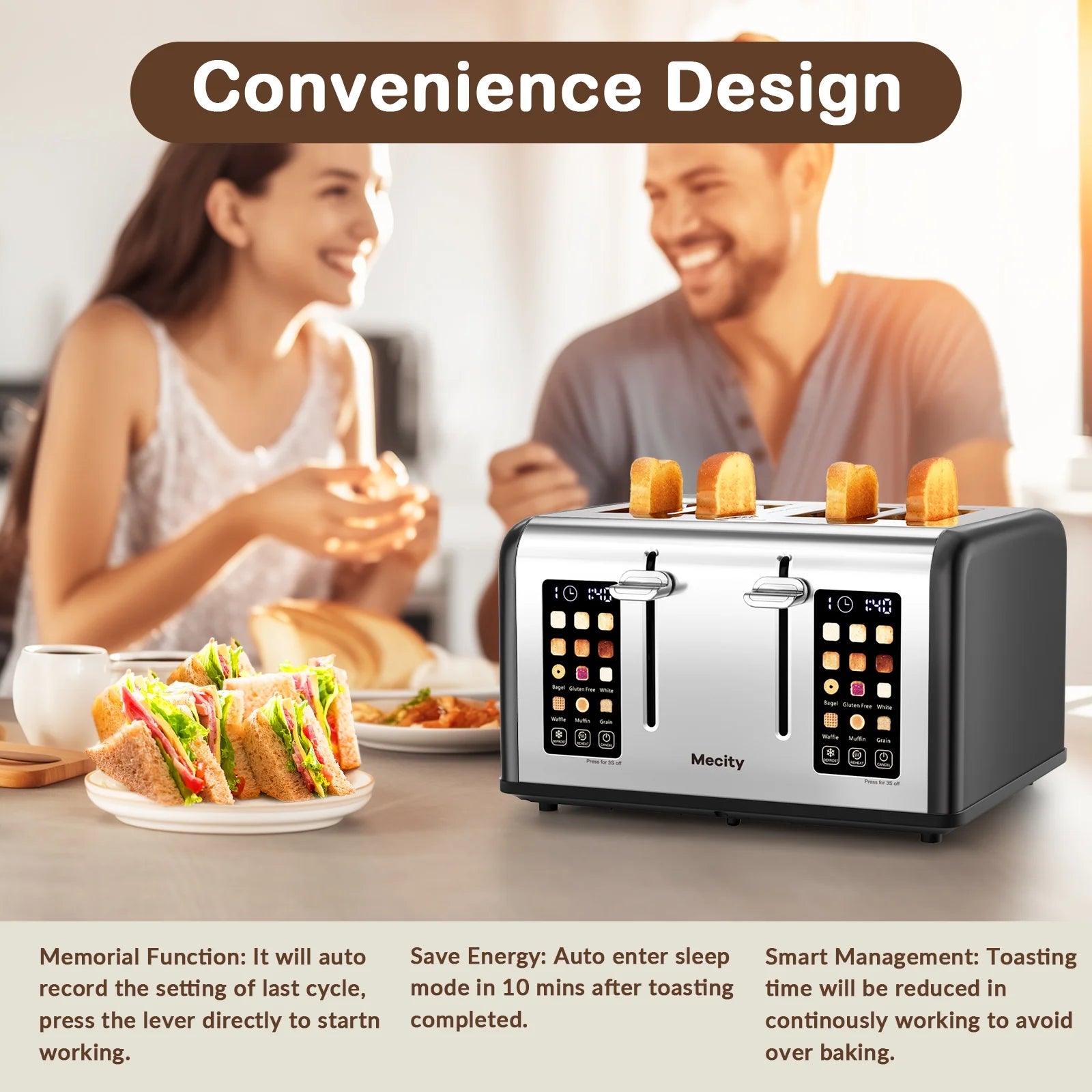 4-Slice Toaster with Touchscreen, Stainless Steel, Wide Slots, 6 Browning Settings, Digital Display, Reheat, Defrost, Crumb Tray, Matte Black