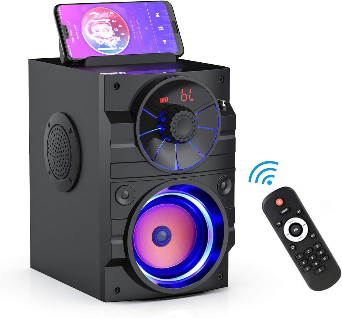 Portable Big Bluetooth Speakers with Light, Wireless with Subwoofer, FM Radio, LED Lights, EQ, Booming Bass, Bluetooth 4.2 Stereo Loud Outdoor/Indoor Retro, for Home, Camping, Travel, Black