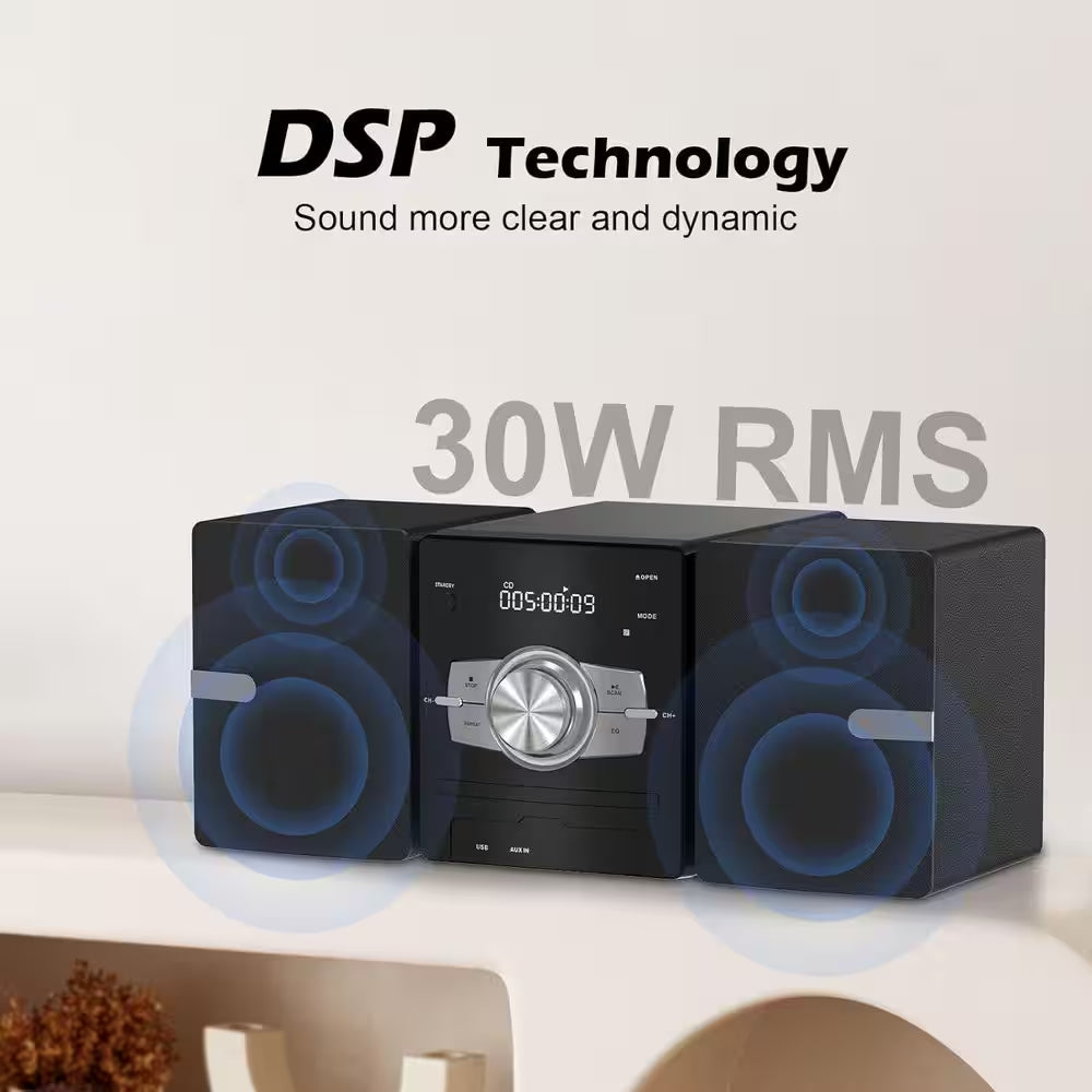 30W Hifi Home Stereo System-Cd Player, FM Radio, Bluetooth, AUX/USB, Earphone Jack, Remote Control