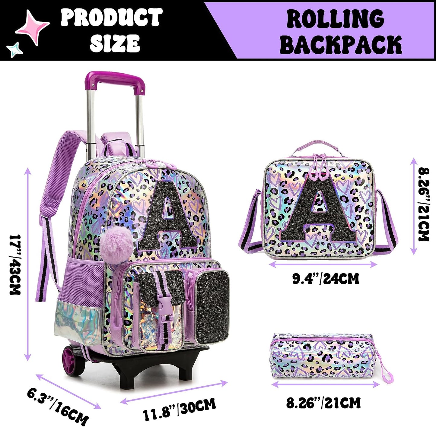Kids Rolling Backpack for Girls Backpack with Wheels 3Pcs Rolling Backpacks for Kids, 16.5" Roller Backpacks for Girls with Lunch Box Pencil Case
