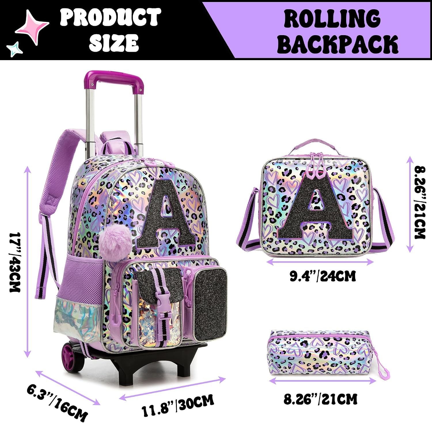 Kids Rolling Backpack for Girls Backpack with Wheels 3Pcs Rolling Backpacks for Kids, 16.5" Roller Backpacks for Girls with Lunch Box Pencil Case