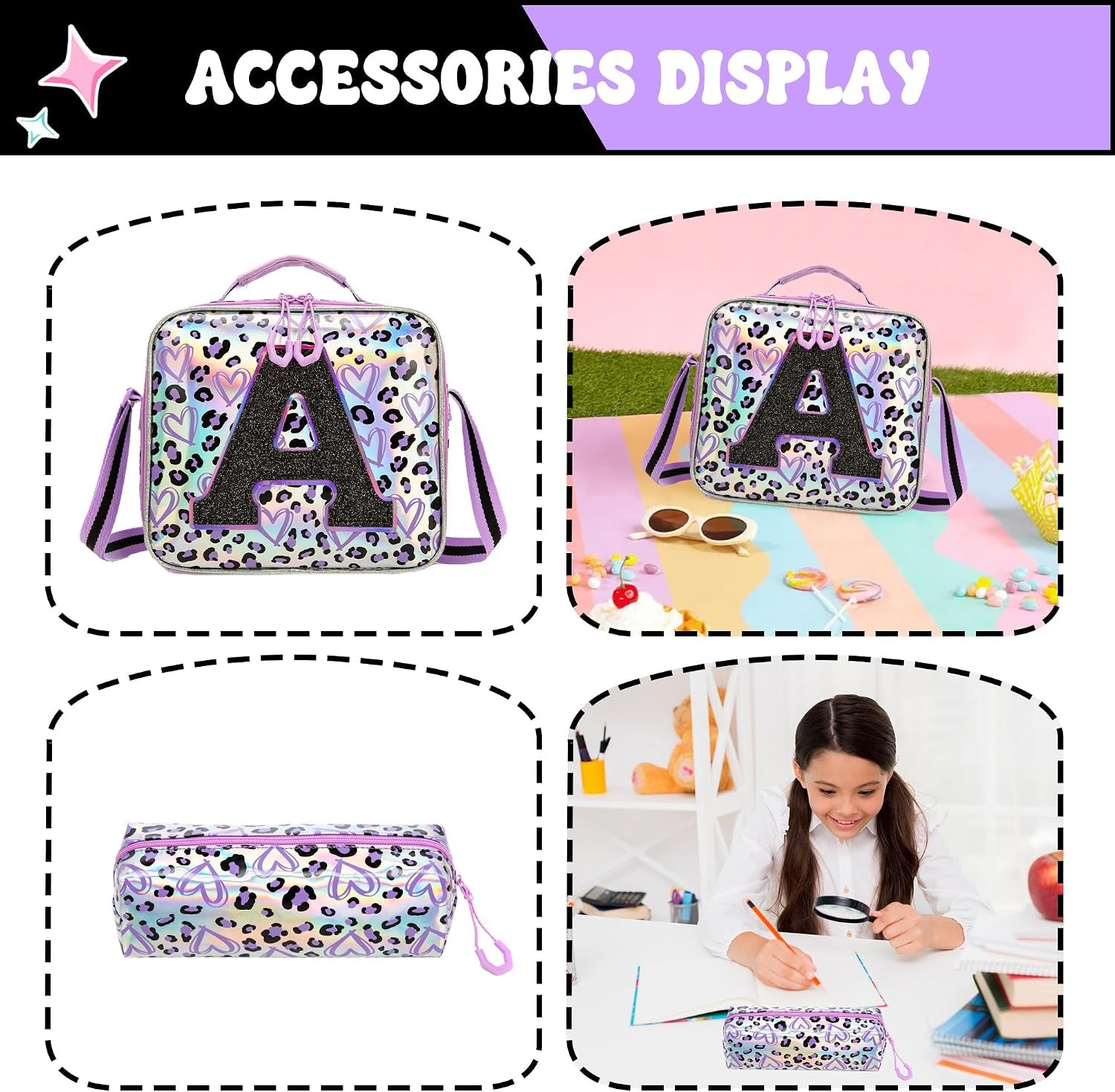 Kids Rolling Backpack for Girls Backpack with Wheels 3Pcs Rolling Backpacks for Kids, 16.5" Roller Backpacks for Girls with Lunch Box Pencil Case