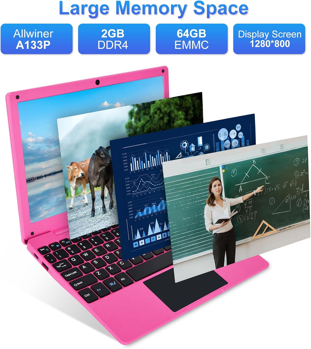 10.1Inch Laptop,Quad-Core Processor with Android 12.0 OS,2GB RAM,64GB Emmc,Built-In Camera, Wifi,Usb Interface,Tpye-C Charging for Learning and Entertainment (Pink 2GB+64GB)