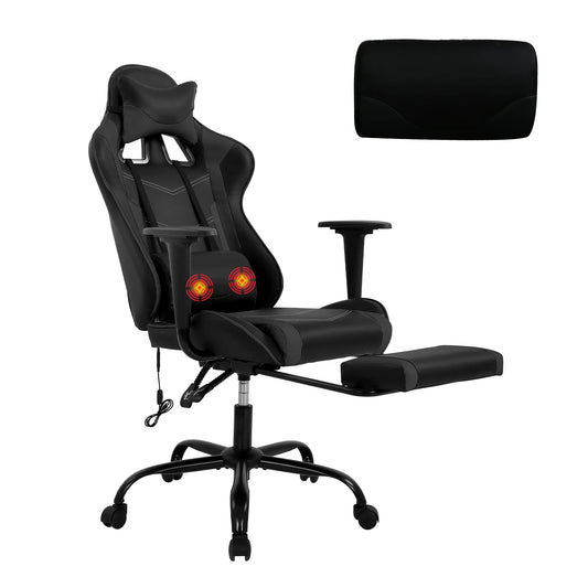 Gaming Chair Racing Office Chair Ergonomic Desk Chair Massage PU Leather Recliner PC Computer Chair with Lumbar Support Headrest Armrest Footrest Rolling Swivel Task Chair for Adults, Grey
