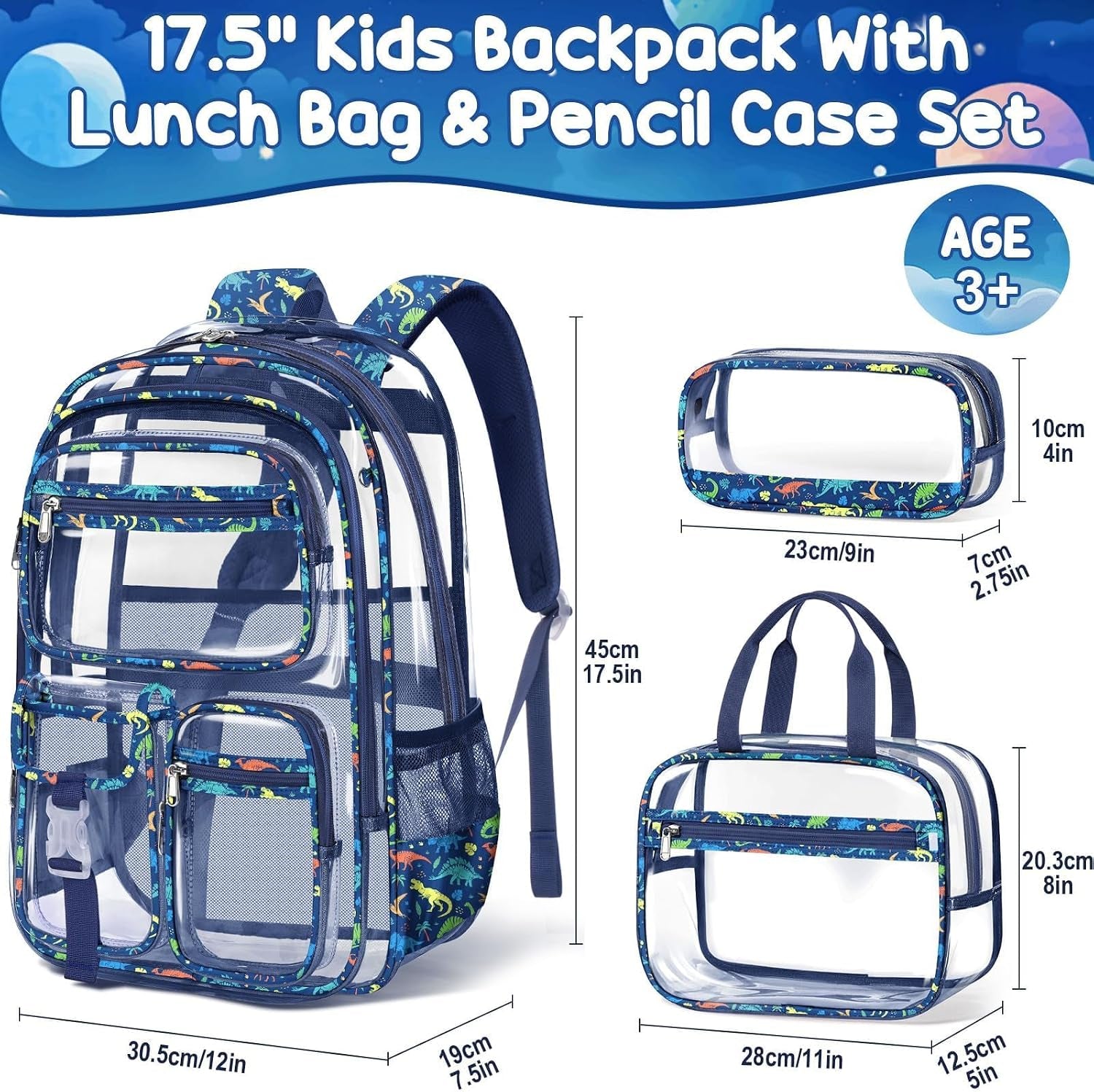 Clear Backpack for Boys, 3PCS Heavy Duty PVC Transparent Boys Backpack with Lunch Box & Pencil Case, School Stadium Event Approved Toddler School Bookbag for Preschool Kindergarten Elementary