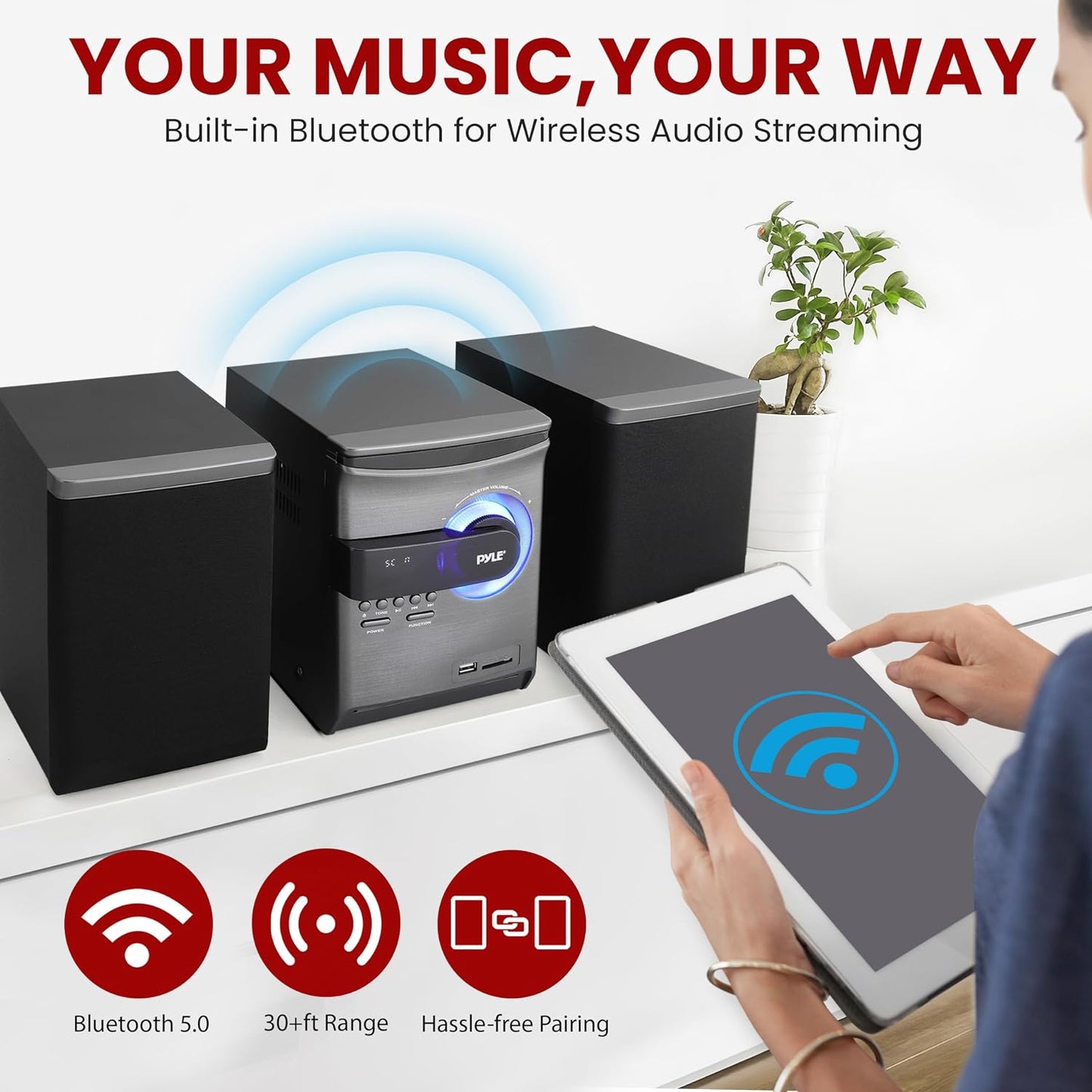 Home Stereo Shelf System – 30W Bluetooth CD Player with FM Radio, USB/SD Playback, Dual 2-Way Speakers, Remote Control, Clear Sound Audio System for Home Entertainment – (Black) PHSKR24