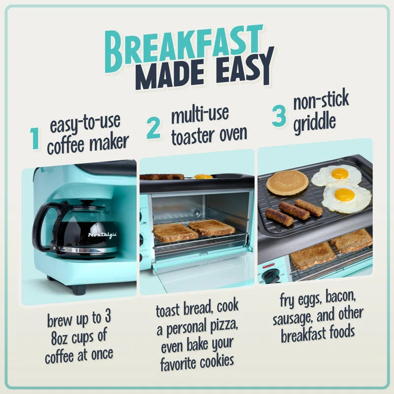 Retro 3-In-1 Family Size Electric Breakfast Station, Coffeemaker, Griddle, Toaster Oven, Aqua