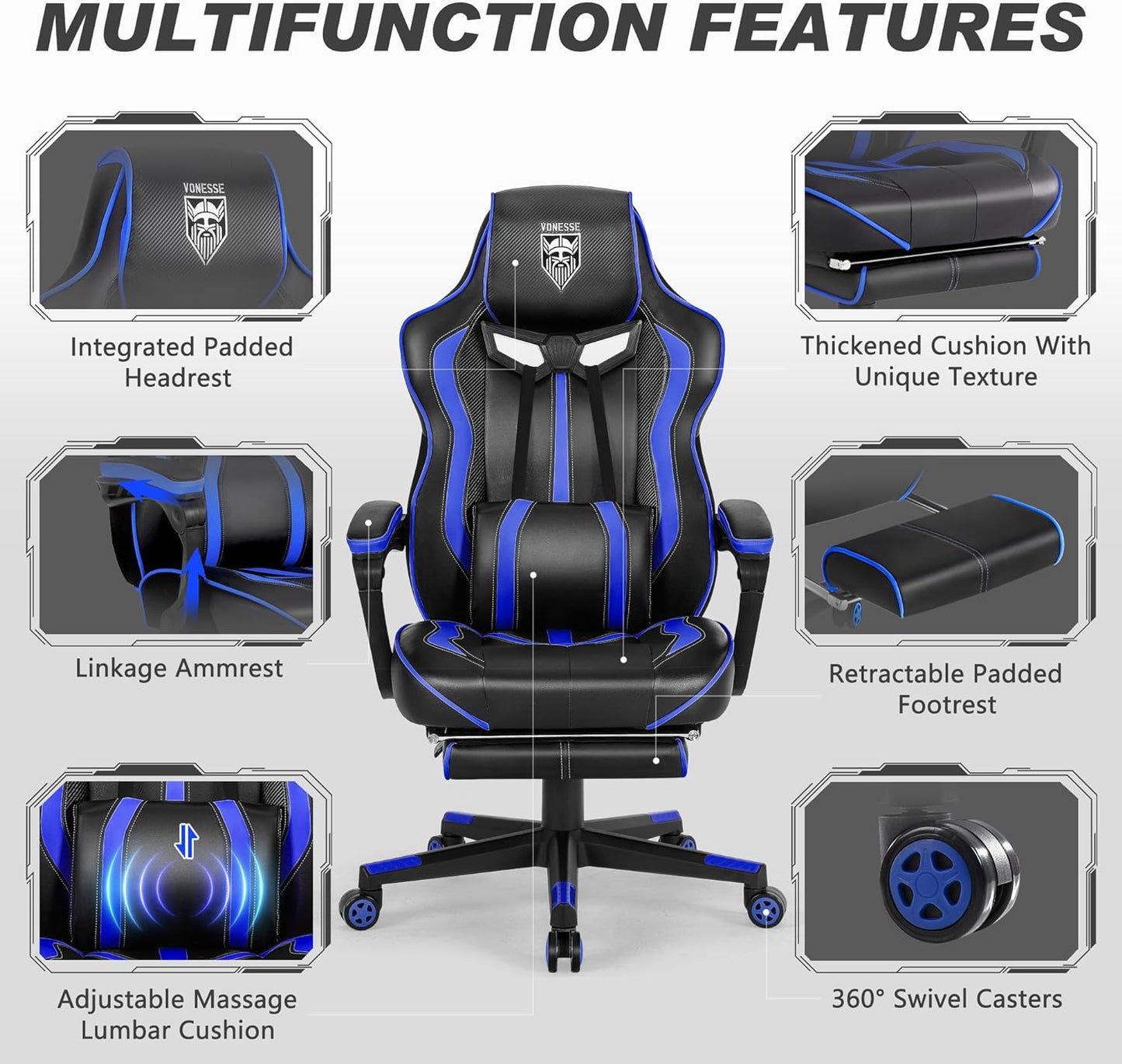 Gaming Chair with Footrest Reclining Computer Chair with Massage Gamer Chair Big and Tall Gaming Chair Ergonomic PC Gaming Chair Adults Computer Gaming Chairs for Heavy People 300LBS (Blue)
