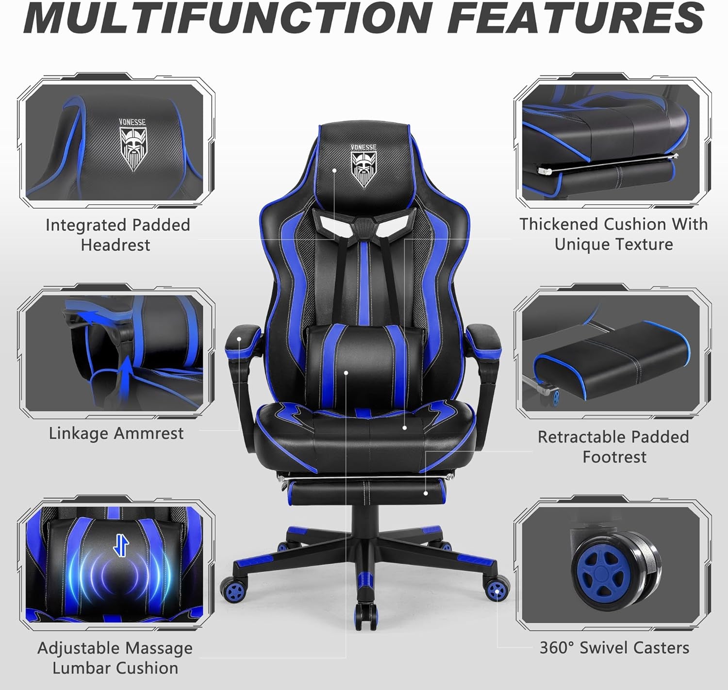 Gaming Chair with Footrest Reclining Computer Chair with Massage Gamer Chair Big and Tall Gaming Chair Ergonomic PC Gaming Chair Adults Computer Gaming Chairs for Heavy People 300LBS (Blue)