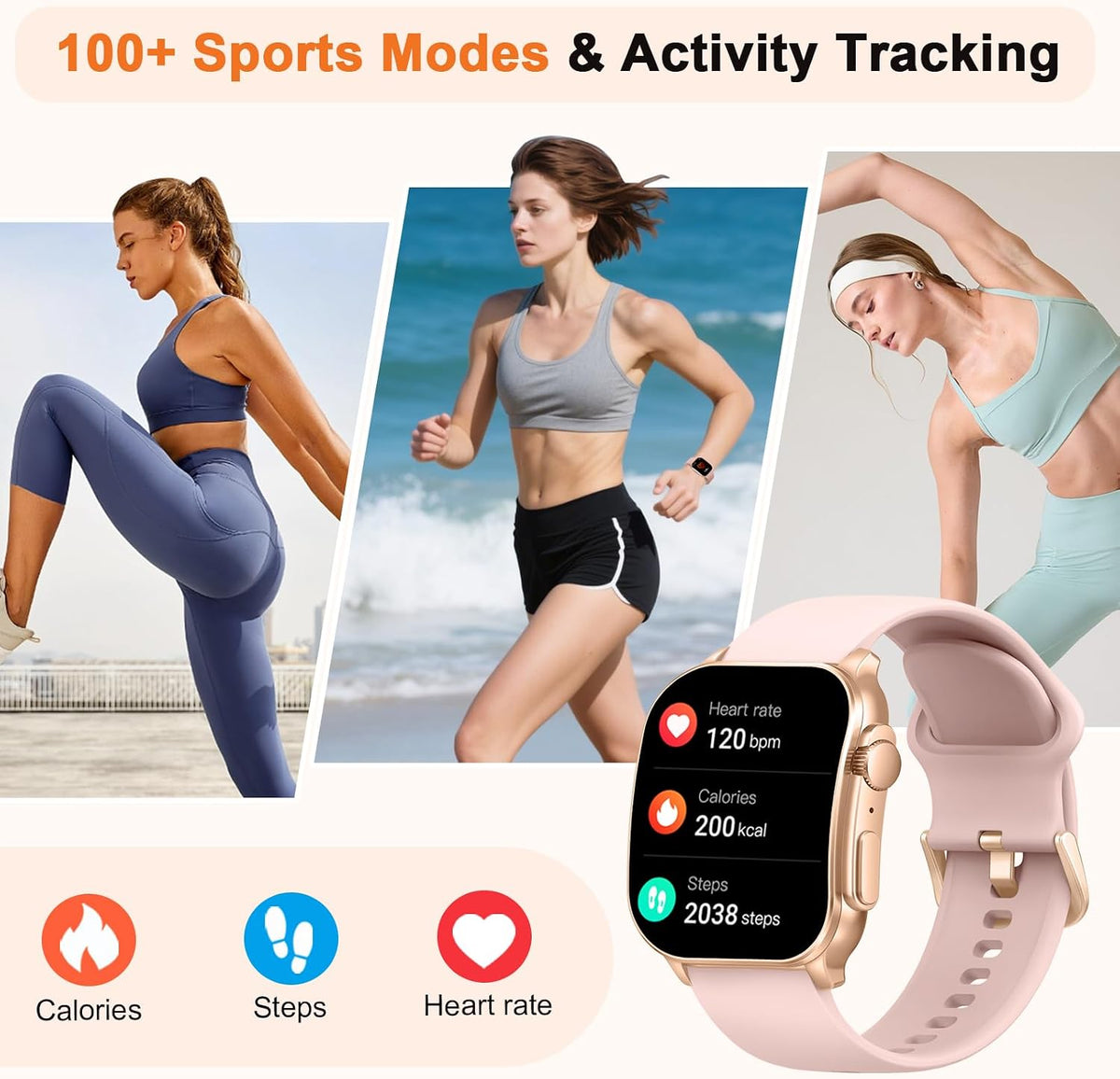 Smart Watch for Women, 2.01" AMOLED Curved Display Fitness Tracker with Answer/Make Calls, 100+ Sport Modes, 24/7 Heart Rate/Sleep Monitor/Pedometer, IP68 Waterproof Smartwatch, for Android Ios Pink