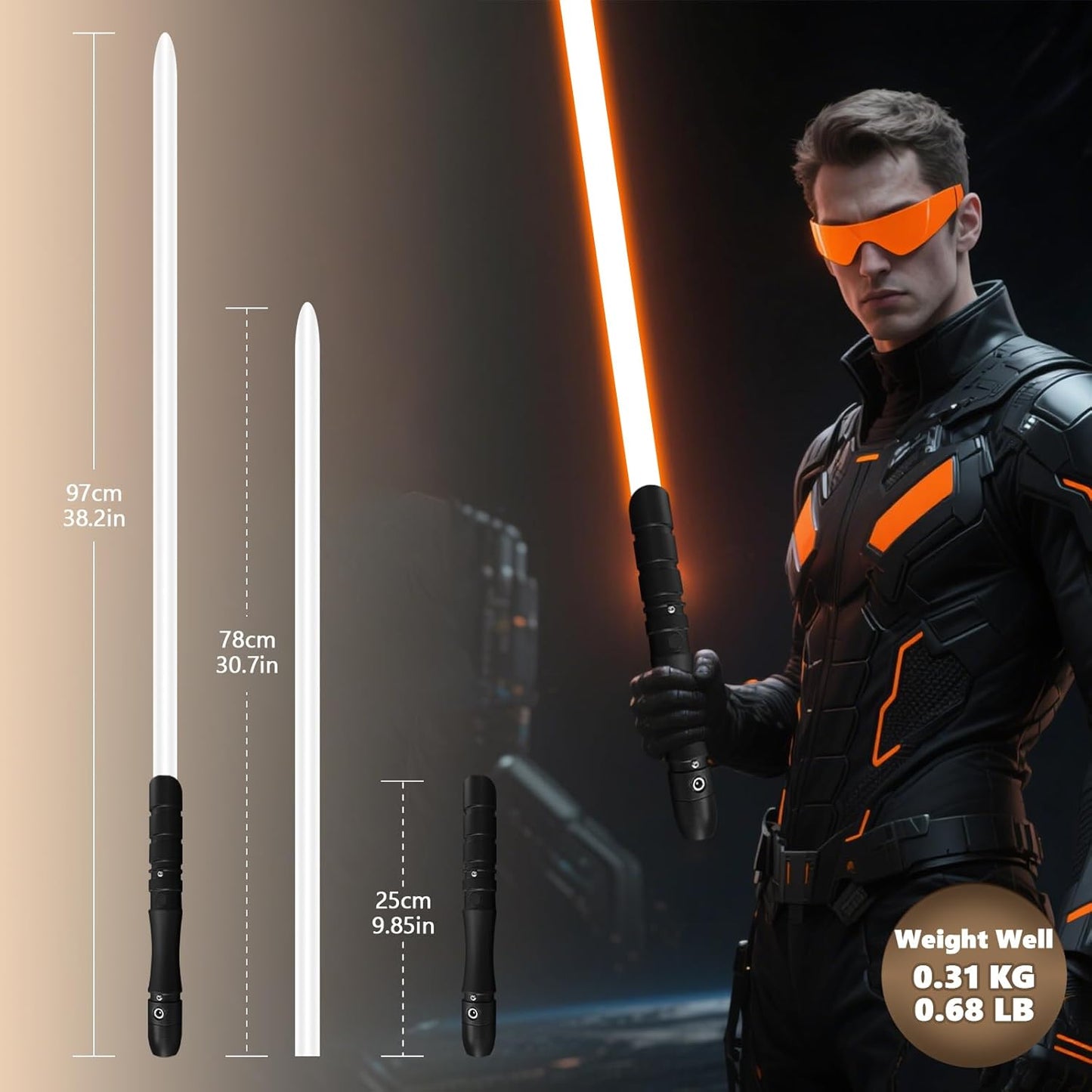Dueling Lightsaber Smooth Swing Light Sabers |FX Loud Sound Sabers with 3 Vivild Movie Fonts,Blaster,Foc Metal Hilt for Adults Boys Teens Heavy-Duty, USB-DC Recharge(Orange)