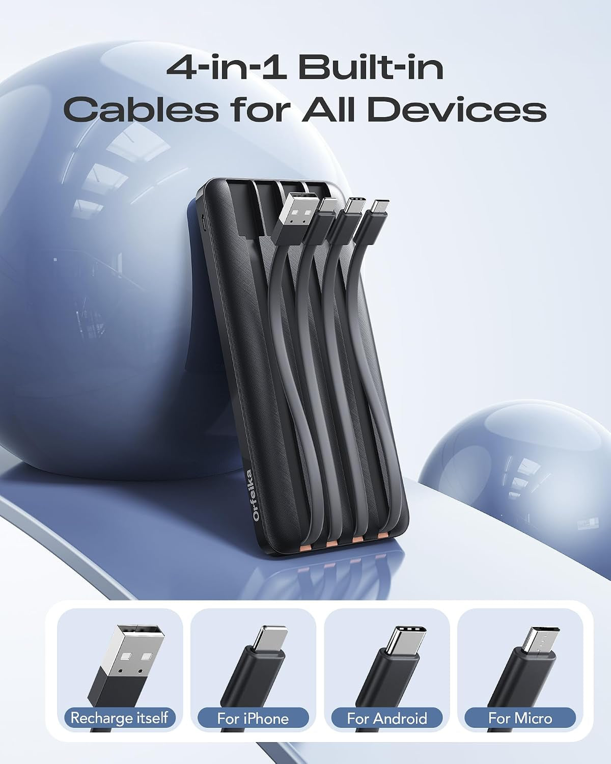 20000Mah Power Bank, Portable Charger with 4 Built-In Cables