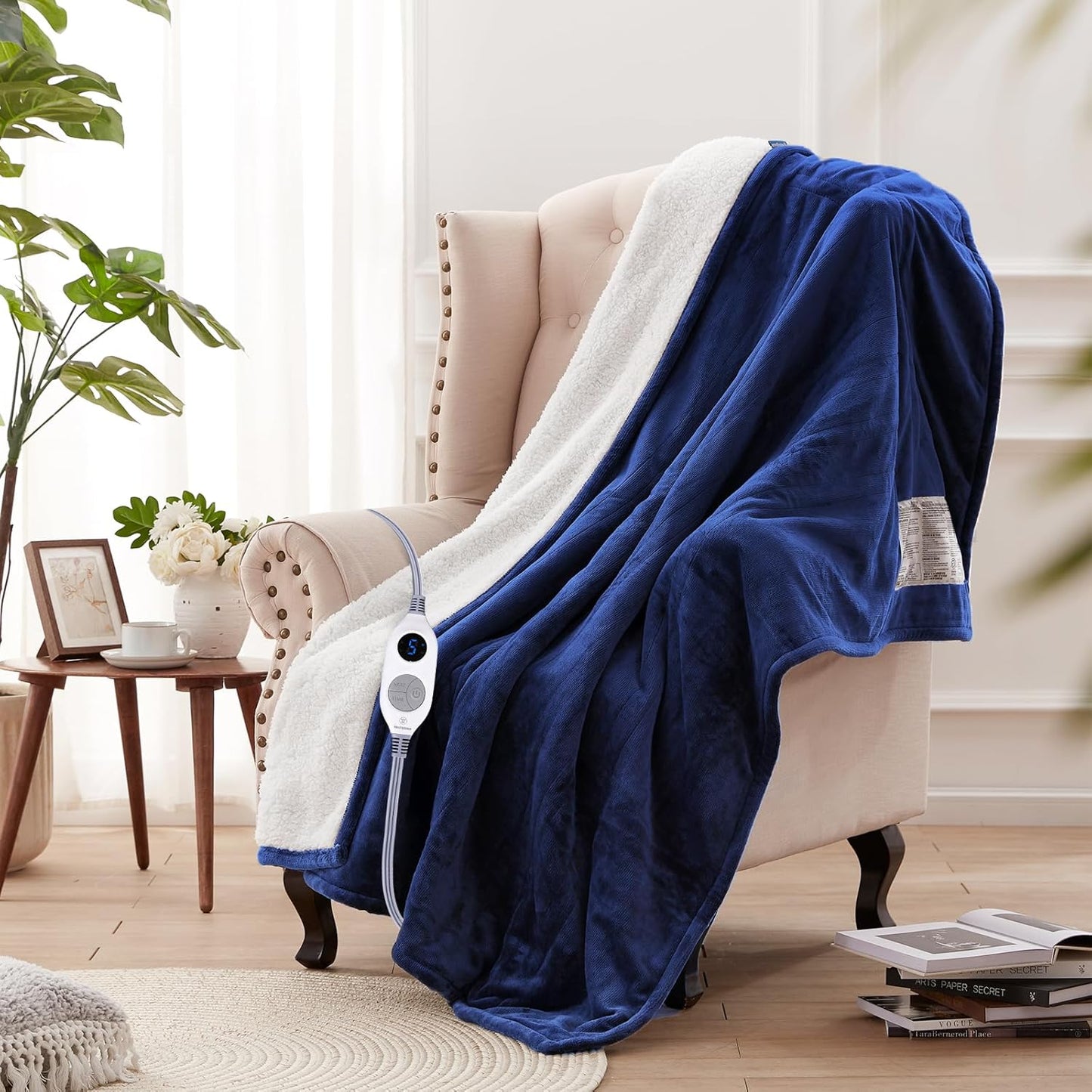 Electric Blanket Heated Throw | 6 Heating Levels & 4 Hours Auto off | Flannel to Sherpa Reversible 50X60 | Machine Washable, Navy Blue