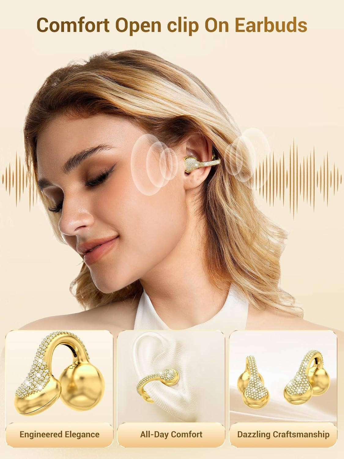 Jewelpods C01 Pro Open Ear Headphones,Luxury Jewelry Wireless Earbuds,Gold | Clip-On Wireless Bluetooth Earbuds Secure, Lightweight, Premium Audio-Water Resistant-Up to 72 Hrs Play,Gift for Her