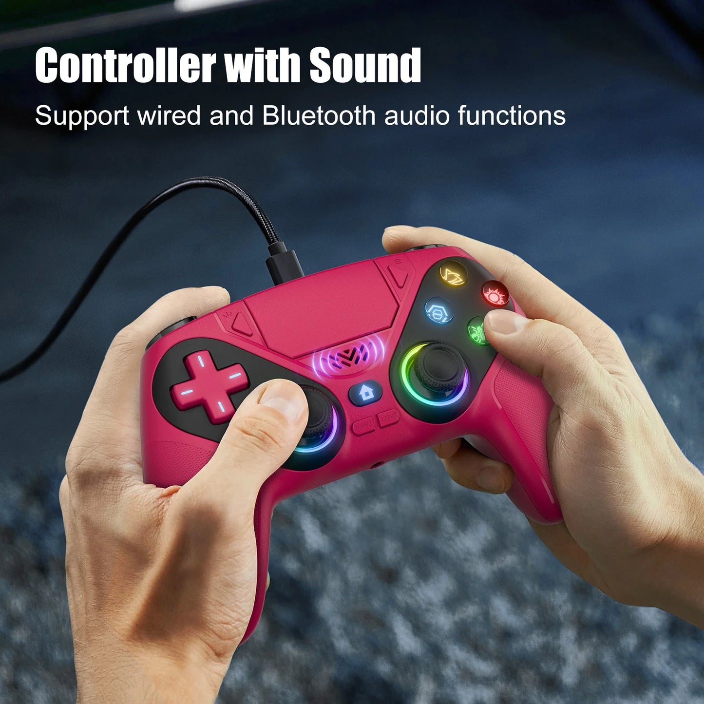LED Wireless Controller for P5, Seven Light Colors Compatible with P5 Pro/Slim/Pc, Dual Vibration, 3.5Mm Audio Jack,Macro/Turbo Function, 6-Axis Motion Contro Gamepad with Speaker(Red)