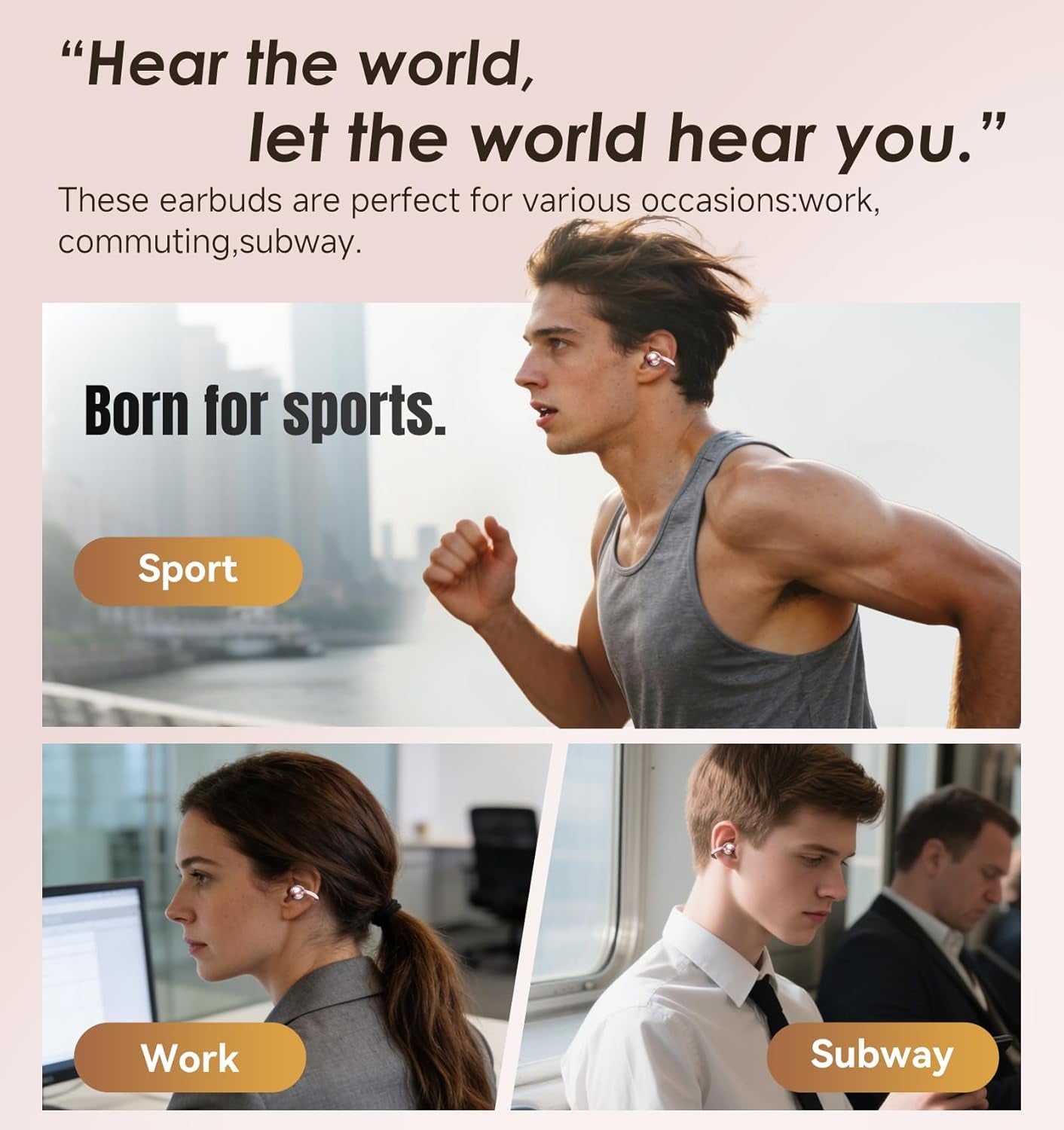 Clip-On Earbuds Gen 3, Open-Ear Wireless Bluetooth 6.0 Headphones with Mic, Secure Fit for Small Ears & Glasses Wearers, 50H Playtime, ENC, IPX5 Waterproof Sport Ear Buds (Pink)