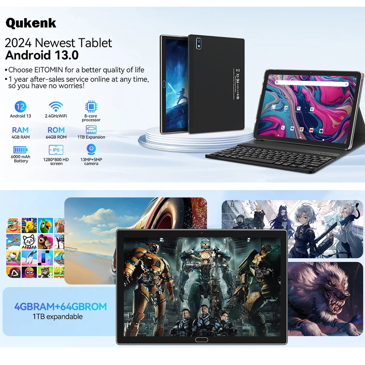 Android 13 Tablet , 4GB+64GB Storage Tablet with Keyboard, Google GMS Certified, Dual 13MP+5MP Camera, Wifi, Bluetooth, IPS Full HD Display