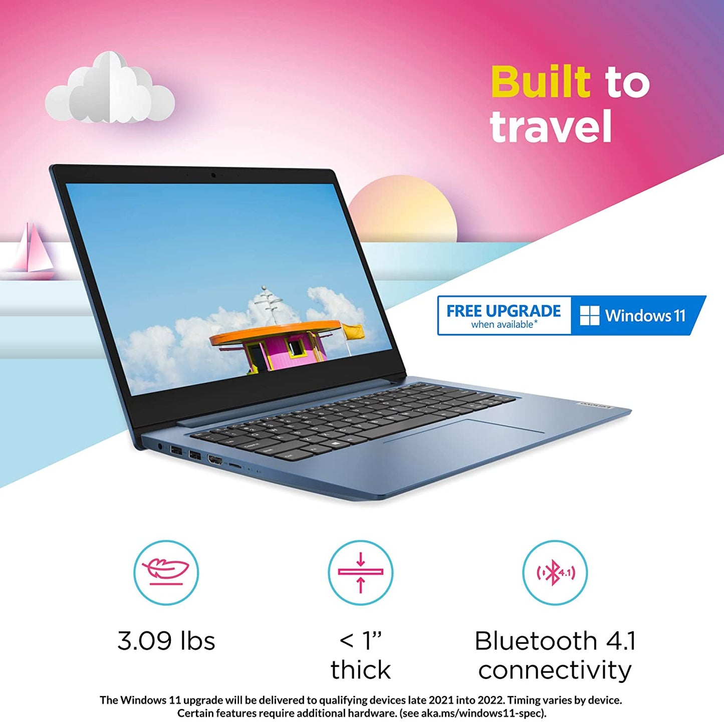 Ideapad 1 14 Laptop, 14.0" HD Display, Intel Celeron N4020, 4GB RAM, 64GB Storage, Intel UHD Graphics 600, Win 10 in S Mode, Ice Blue