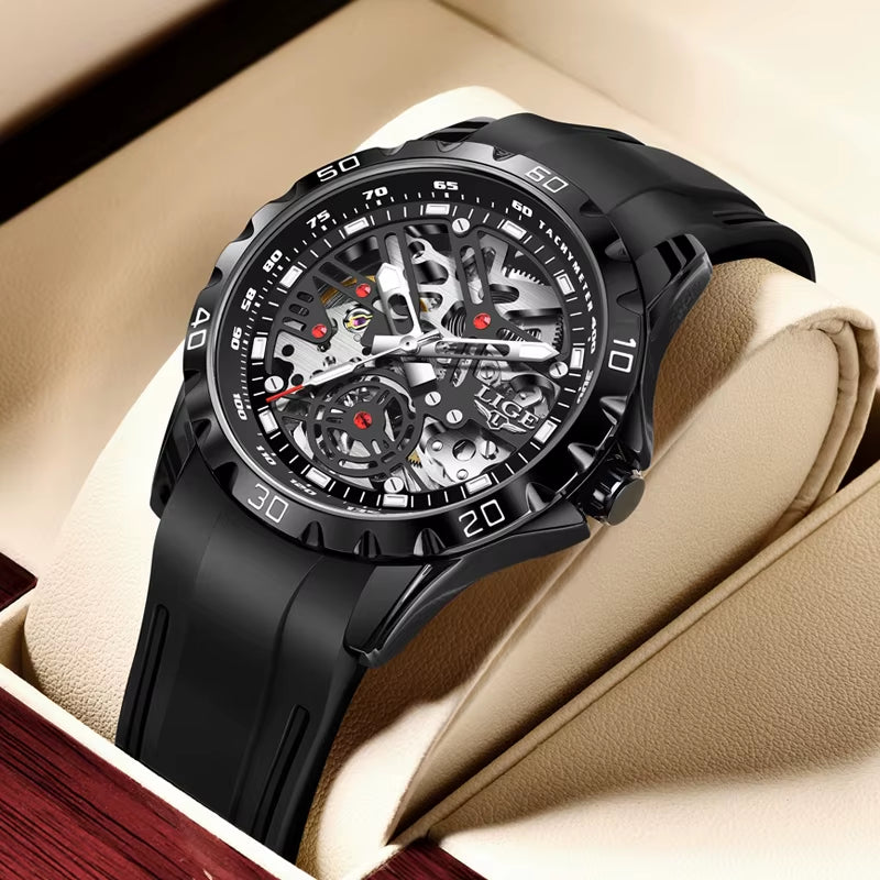 Luxury Men Watches Automatic Mechanical Wristwatch Skeleton Design Waterproof Silicone Strap Male Watch Reloj Hombre+Box