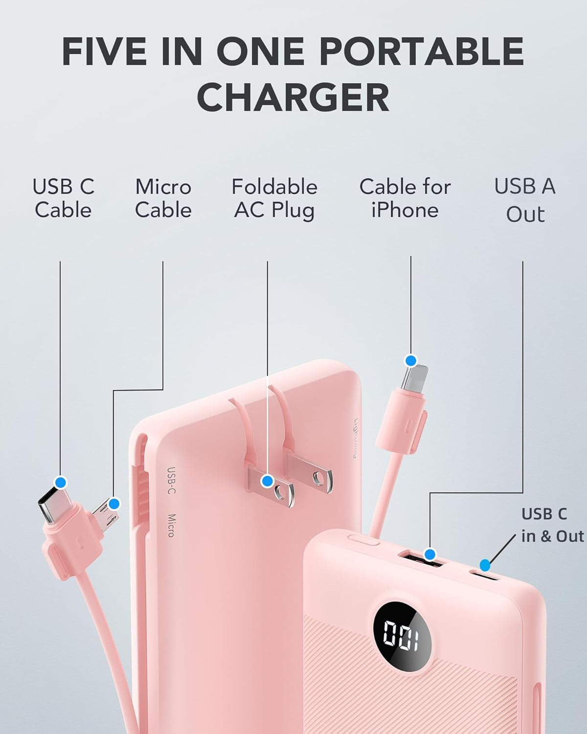 Portable Charger, Power Bank Built-In Cables and AC Wall Plug