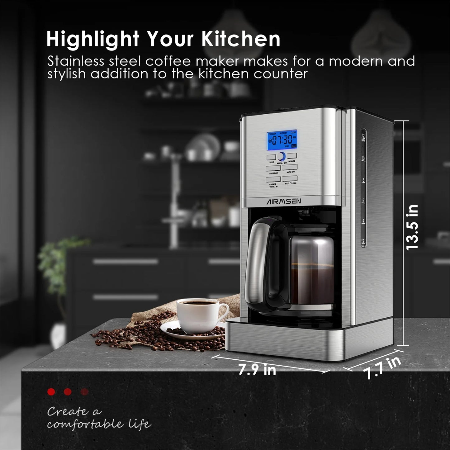 Stainless Steel 12 Cup Drip Coffee Maker, Programmable Coffee Machine Self-Cleaning