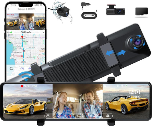 3 Channel Mirror Dash Cam, 12" Triple Rear View Mirror with Front 4K, inside and Rear 1080P Cameras with Wifi, G-Sensor, Reverse Assist, Parking Monitoring, Free 64GB Card