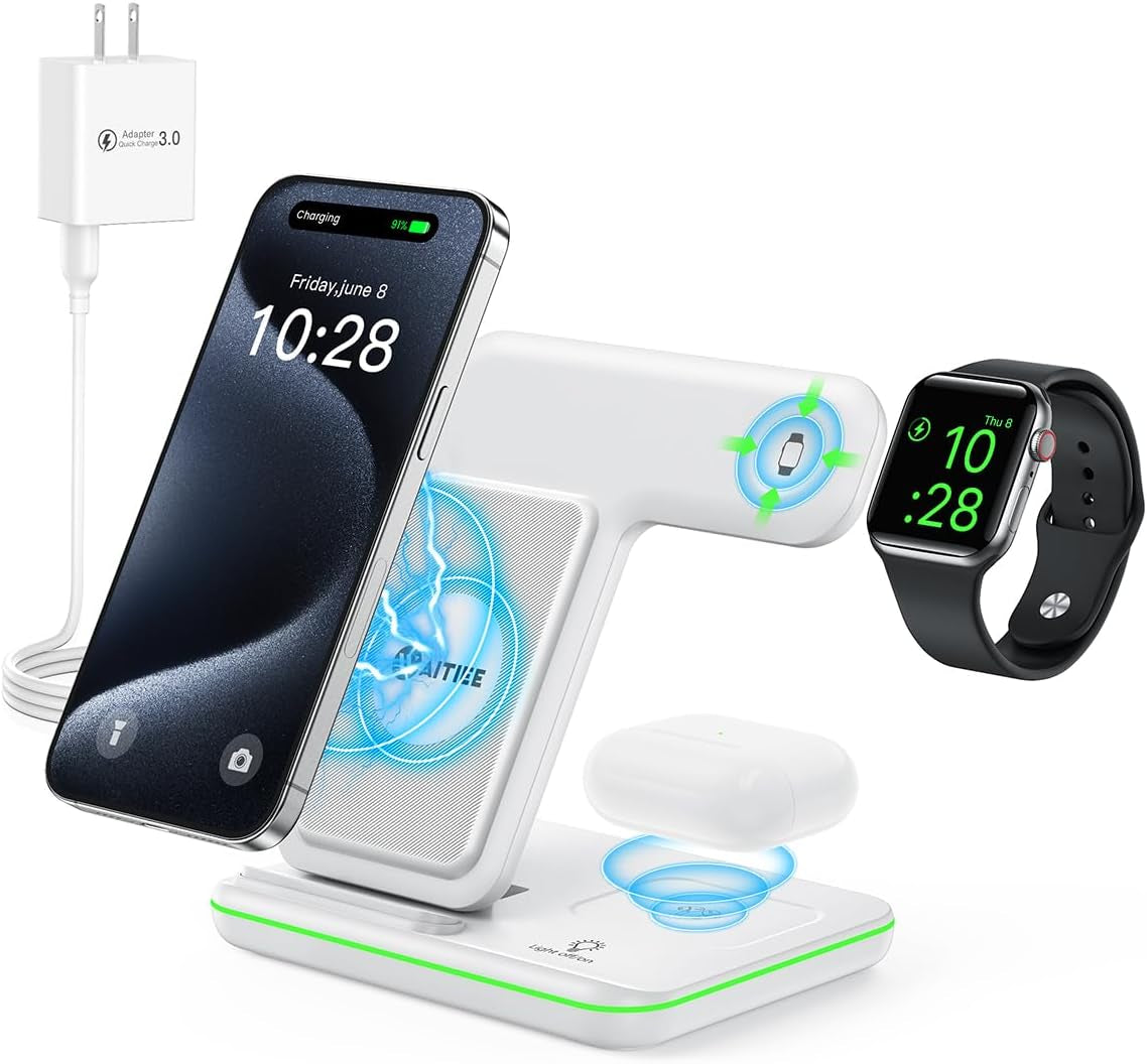 Wireless Charger 3 in 1, 15W Fast Charging Station for Apple Watch 10/9/8/Ultra 2/Ultra/Se/7/6/5/4/3/2, for Airpods 4/3/2/Pro for Iphone 16/15/14/13 /Plus/Pro/Pro Max/12/11(White)