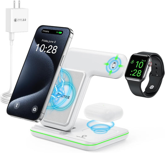 Wireless Charger 3 in 1, 15W Fast Charging Station for Apple Watch 10/9/8/Ultra 2/Ultra/Se/7/6/5/4/3/2, for Airpods 4/3/2/Pro for Iphone 16/15/14/13 /Plus/Pro/Pro Max/12/11(White)