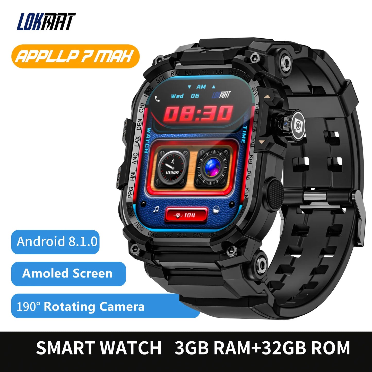 APPLLP 7 MAX Android Smart Watch Phone Amoled Touch Screen Rotating Camera Wifi 4G SIM Card Watch Outdoor Fitness Tracker