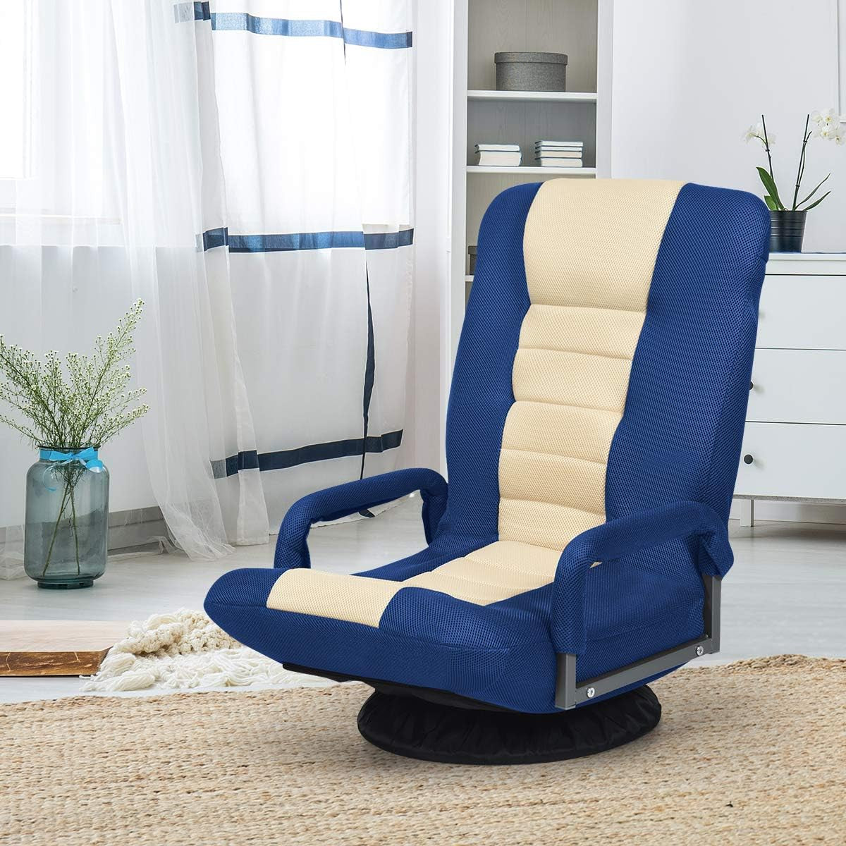Floor Chair, 360 Degree Swivel Chair with Adjustable Backrest, Lumbar Support, Armrest, Foldable Lazy Sofa Rocker for TV, Reading, Playing Video Games, Blue/Beige