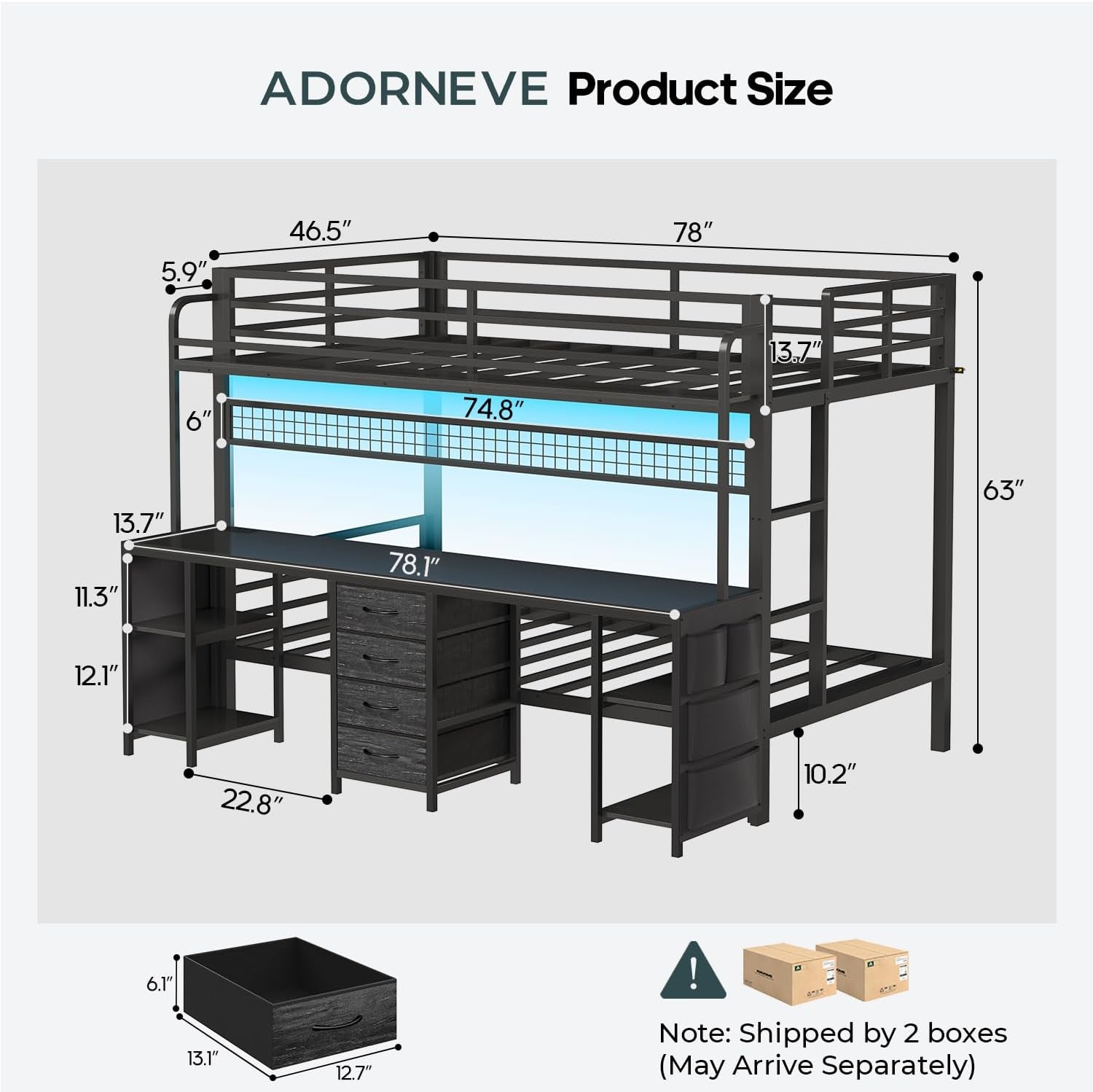 Bunk Bed Twin over Twin with 2 Person Desk, LED Lights, Black | Twin Bunk Bed with 4 Drawers,Storage Rack, 4 Shelves and Power Outles, Safety Guardrail for Kids/Teens Bedroom