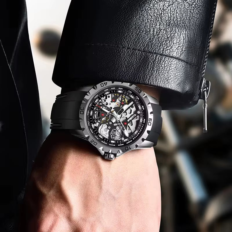 Luxury Men Watches Automatic Mechanical Wristwatch Skeleton Design Waterproof Silicone Strap Male Watch Reloj Hombre+Box